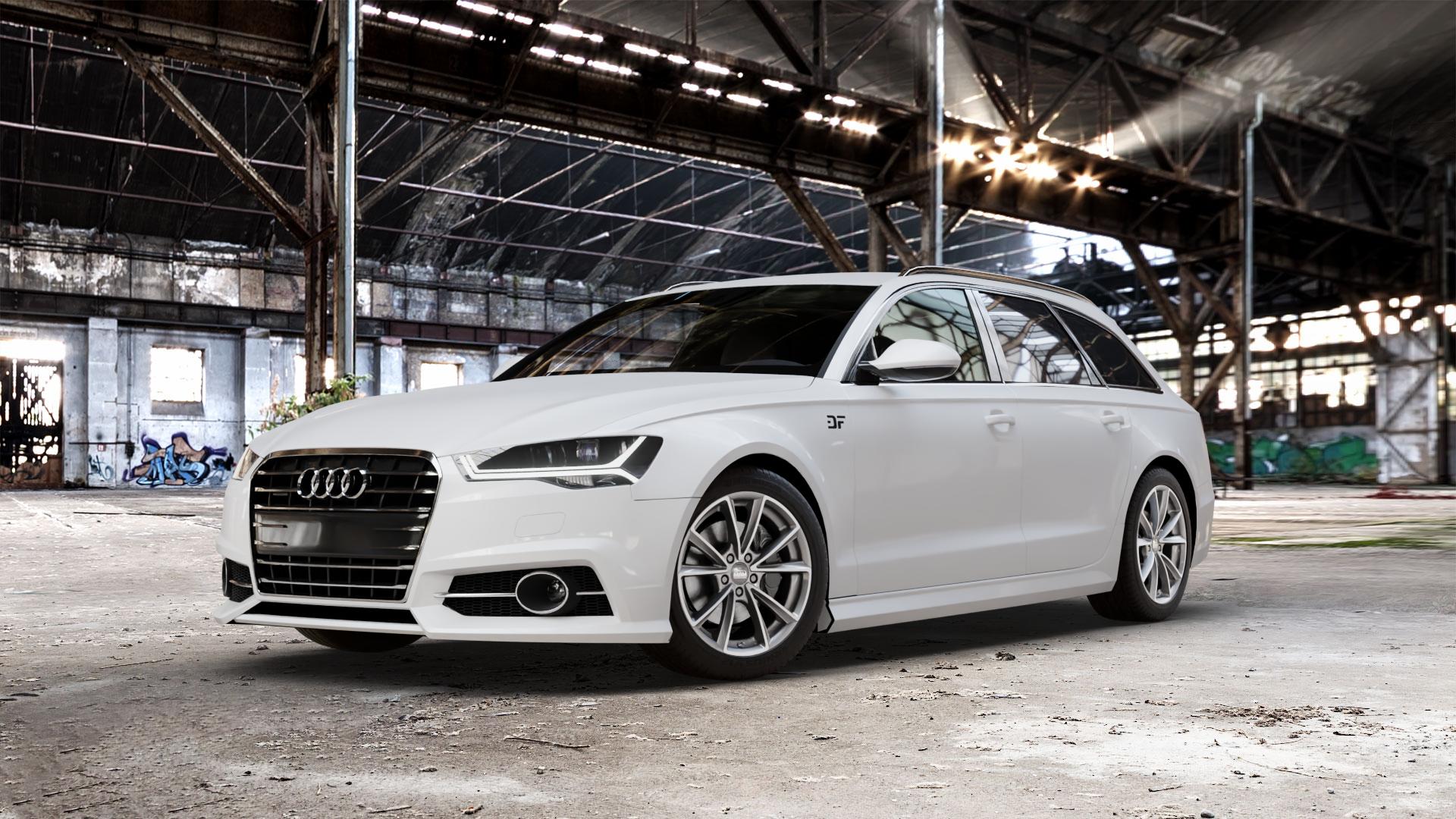 MAM A5 PALLADIUM FRONT POLISH Felge mit Reifen grau silber mehrfarbig in 18Zoll Winterfelge Alufelge auf weissem Audi A6 Typ 4G/C7 (Avant) Facelift ⬇️ mit 15mm Tieferlegung ⬇️ Old Industrial Hall_max_5300mm_2024 Frontansicht_1