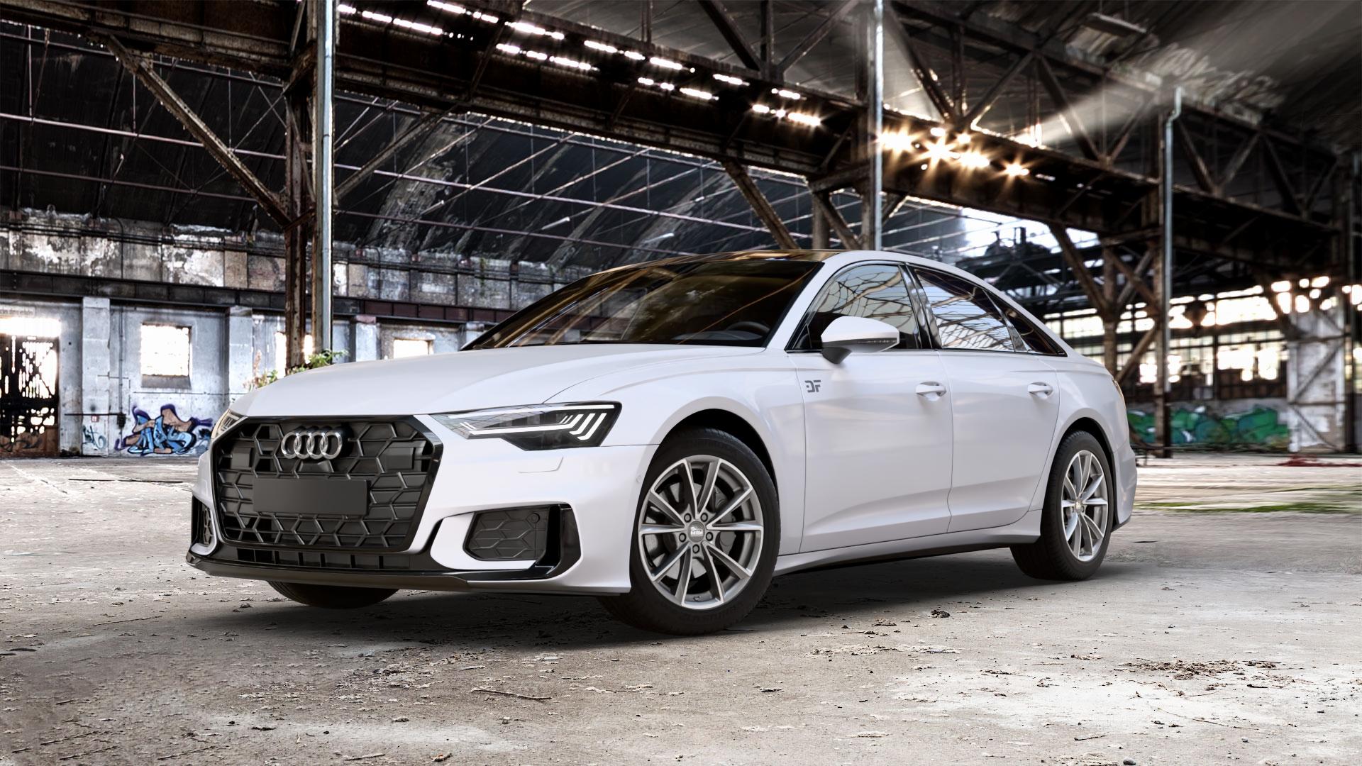 MAM A5 PALLADIUM FRONT POLISH Felge mit Reifen grau silber mehrfarbig in 18Zoll Winterfelge Alufelge auf weissem Audi A6 Typ F2/C8 (Limousine) Facelift ⬇️ mit 15mm Tieferlegung ⬇️ Old Industrial Hall_max_5300mm_2024 Frontansicht_1