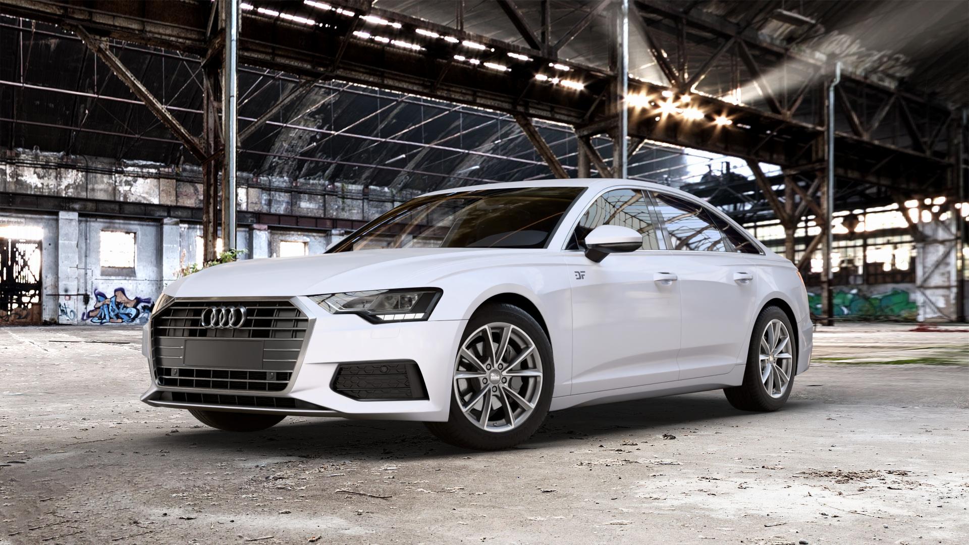 MAM A5 PALLADIUM FRONT POLISH Felge mit Reifen grau silber mehrfarbig in 18Zoll Winterfelge Alufelge auf weissem Audi A6 Typ F2/C8 (Limousine) ⬇️ mit 15mm Tieferlegung ⬇️ Old Industrial Hall_max_5300mm_2024 Frontansicht_1