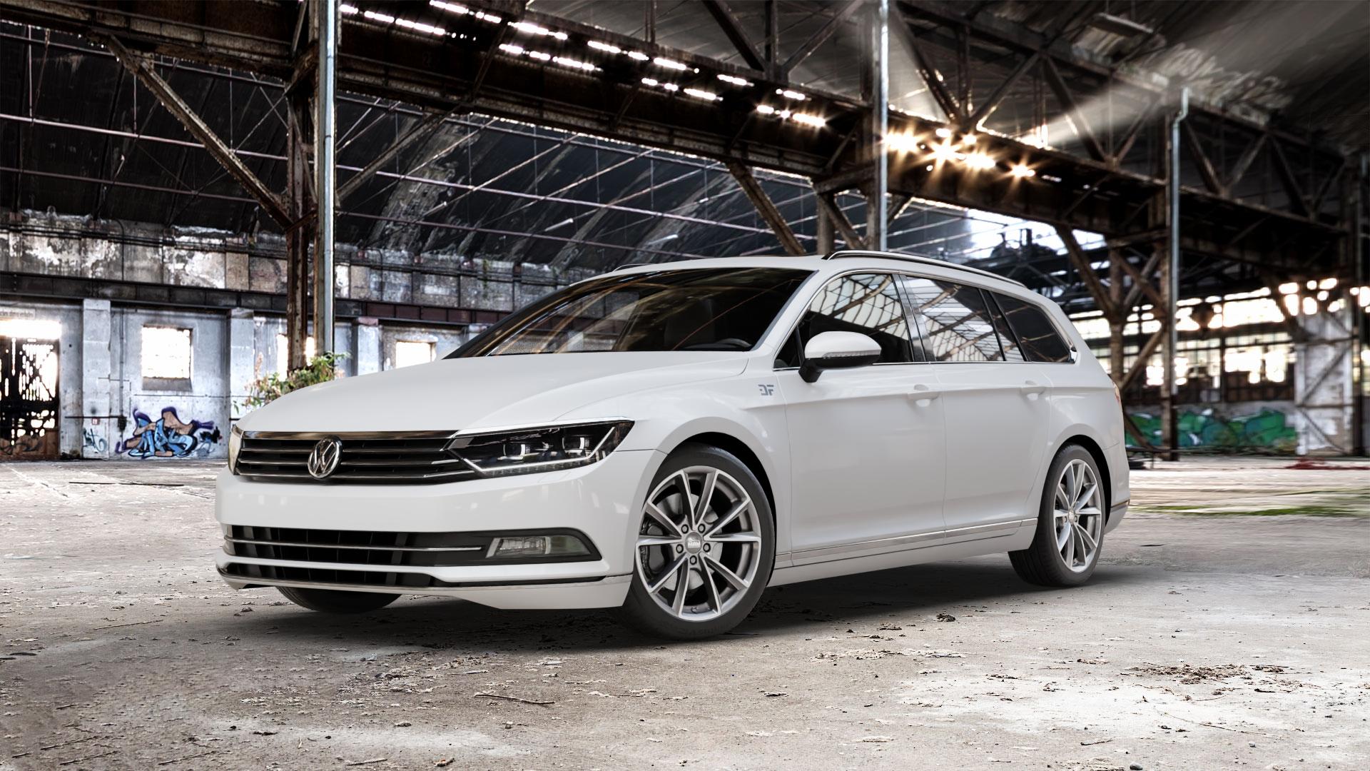 MAM A5 PALLADIUM FRONT POLISH Felge mit Reifen grau silber mehrfarbig in 18Zoll Winterfelge Alufelge auf weissem Volkswagen (VW) Passat 3C/B8 Limousine Variant ⬇️ mit 15mm Tieferlegung ⬇️ Old Industrial Hall_max_5300mm_2024 Frontansicht_1