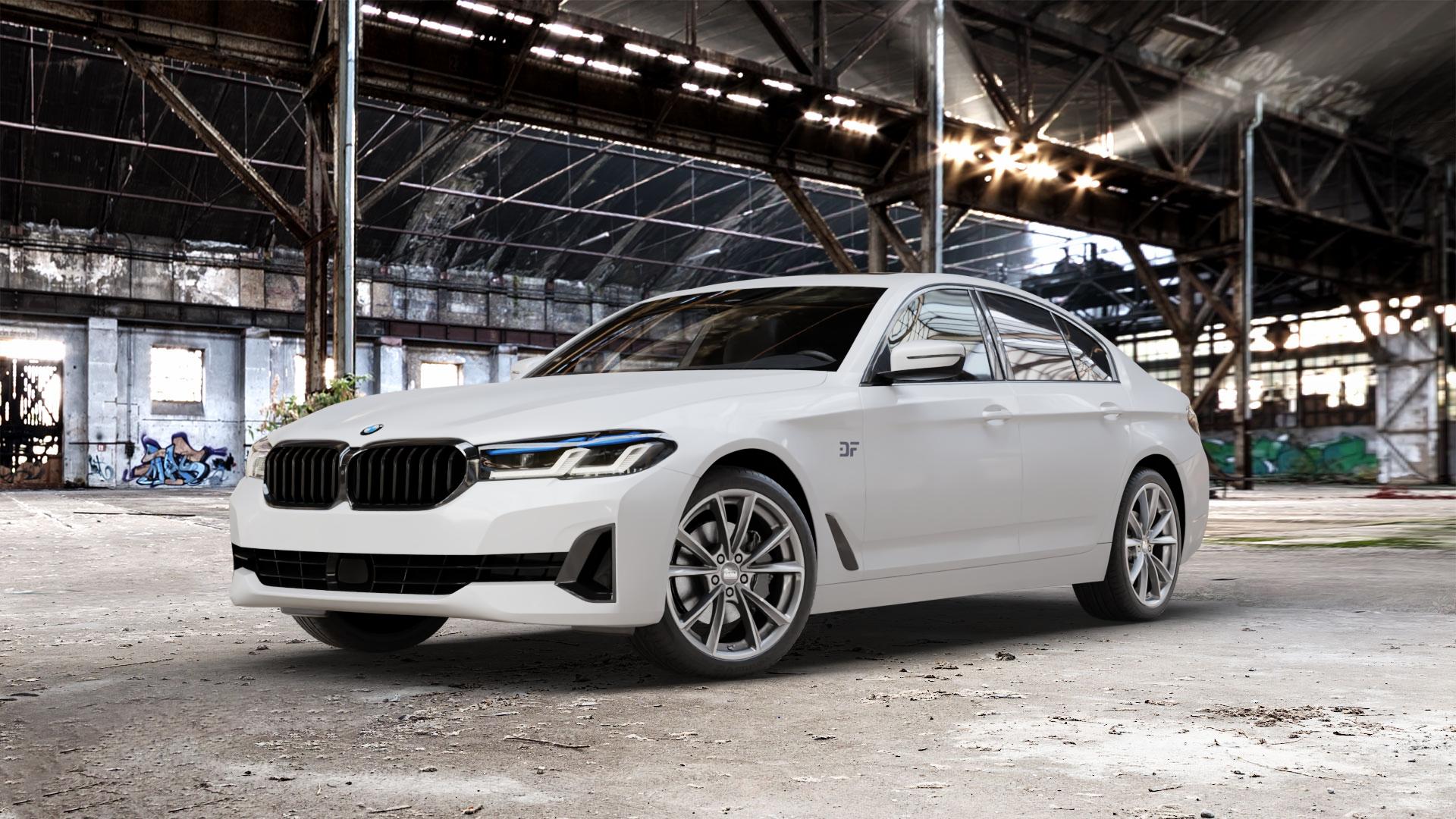 MAM A5 PALLADIUM PAINTED Felge mit Reifen grau in 19Zoll Winterfelge Alufelge auf weissem BMW 5er G30 Limousine (G5L) Facelift ⬇️ mit 15mm Tieferlegung ⬇️ Old Industrial Hall_max_5300mm_2024 Frontansicht_1