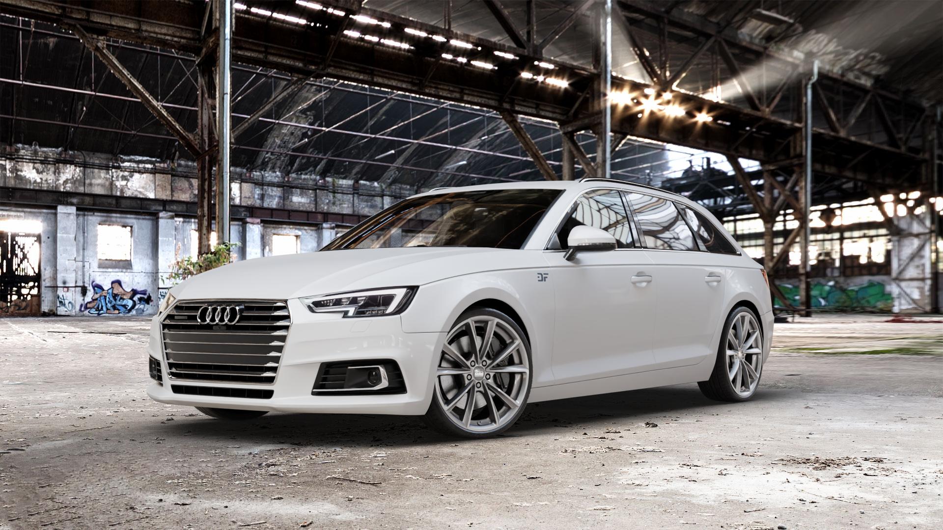 MAM A5 PALLADIUM PAINTED Felge mit Reifen grau in 20Zoll Winterfelge Alufelge auf weissem Audi A4 Typ B9 (Avant) ⬇️ mit 15mm Tieferlegung ⬇️ Old Industrial Hall_max_5300mm_2024 Frontansicht_1