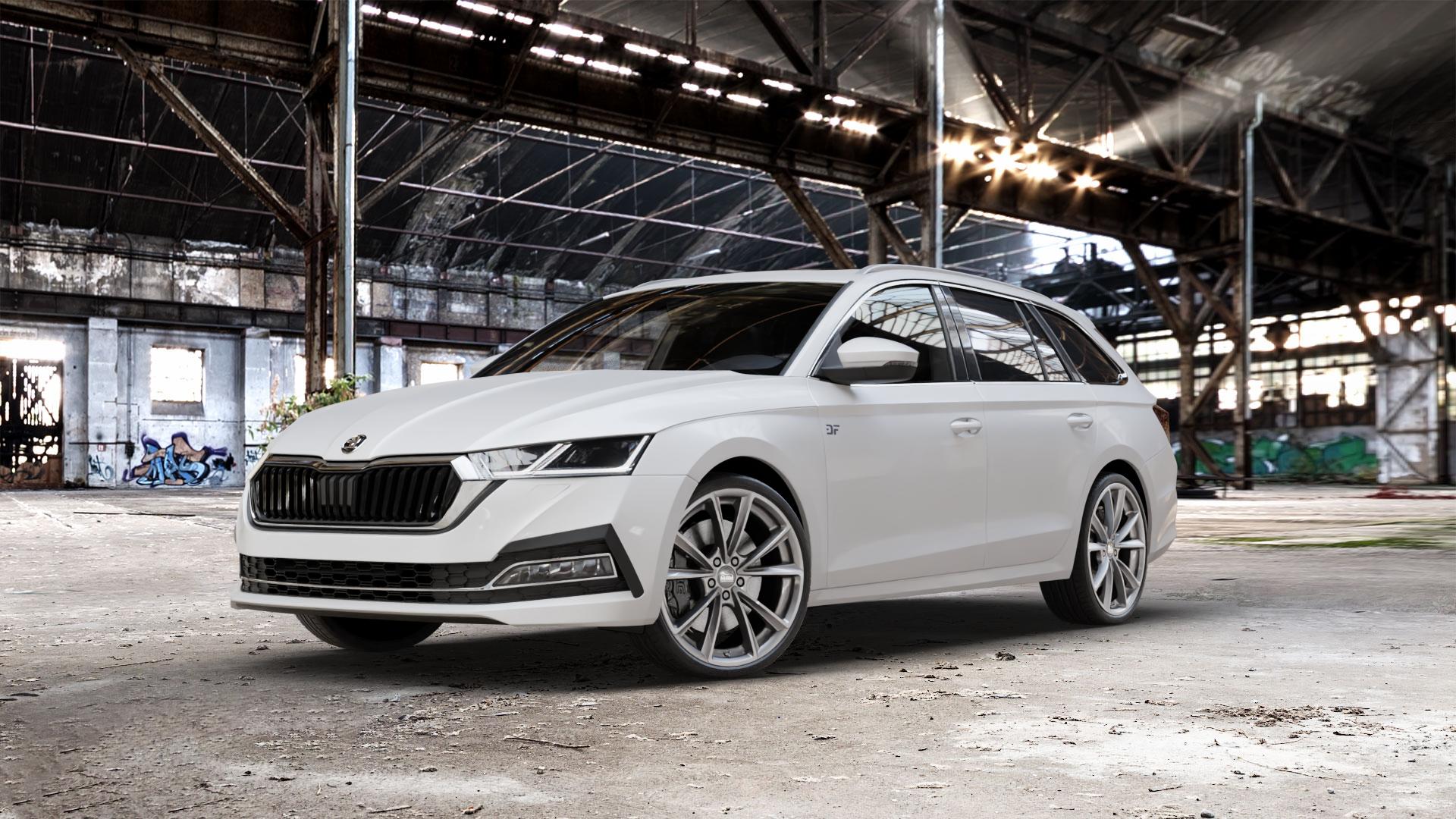 MAM A5 PALLADIUM PAINTED Felge mit Reifen grau in 20Zoll Winterfelge Alufelge auf weissem Skoda Octavia IV Kombi Typ NX ⬇️ mit 15mm Tieferlegung ⬇️ Old Industrial Hall_max_5300mm_2024 Frontansicht_1