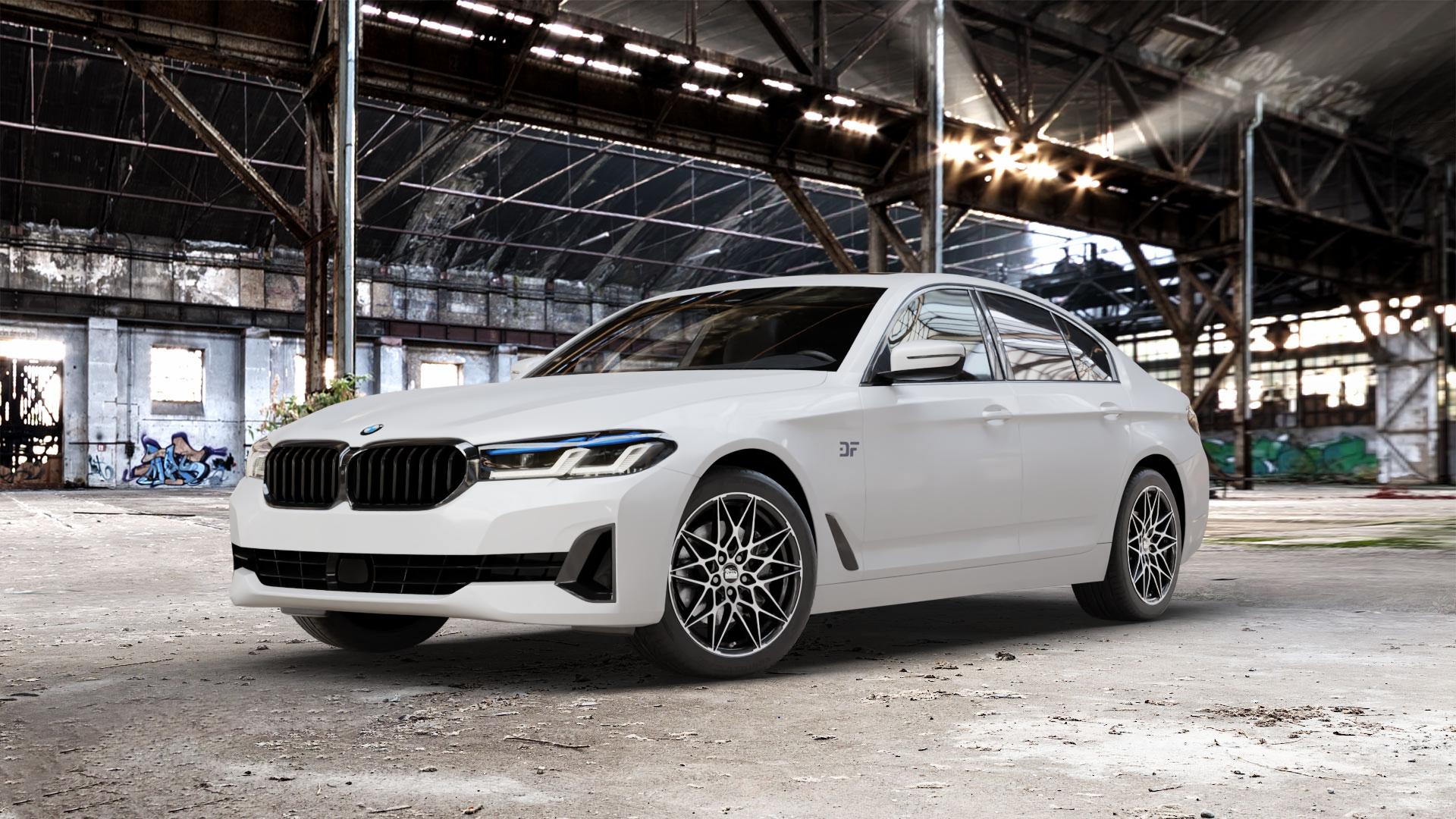 MAM B2 BLACK FRONT POLISH Felge mit Reifen schwarz in 18Zoll Winterfelge Alufelge auf weissem BMW 5er G30 Limousine (G5L) Facelift ⬇️ mit 15mm Tieferlegung ⬇️ Old Industrial Hall_max_5300mm_2024 Frontansicht_1