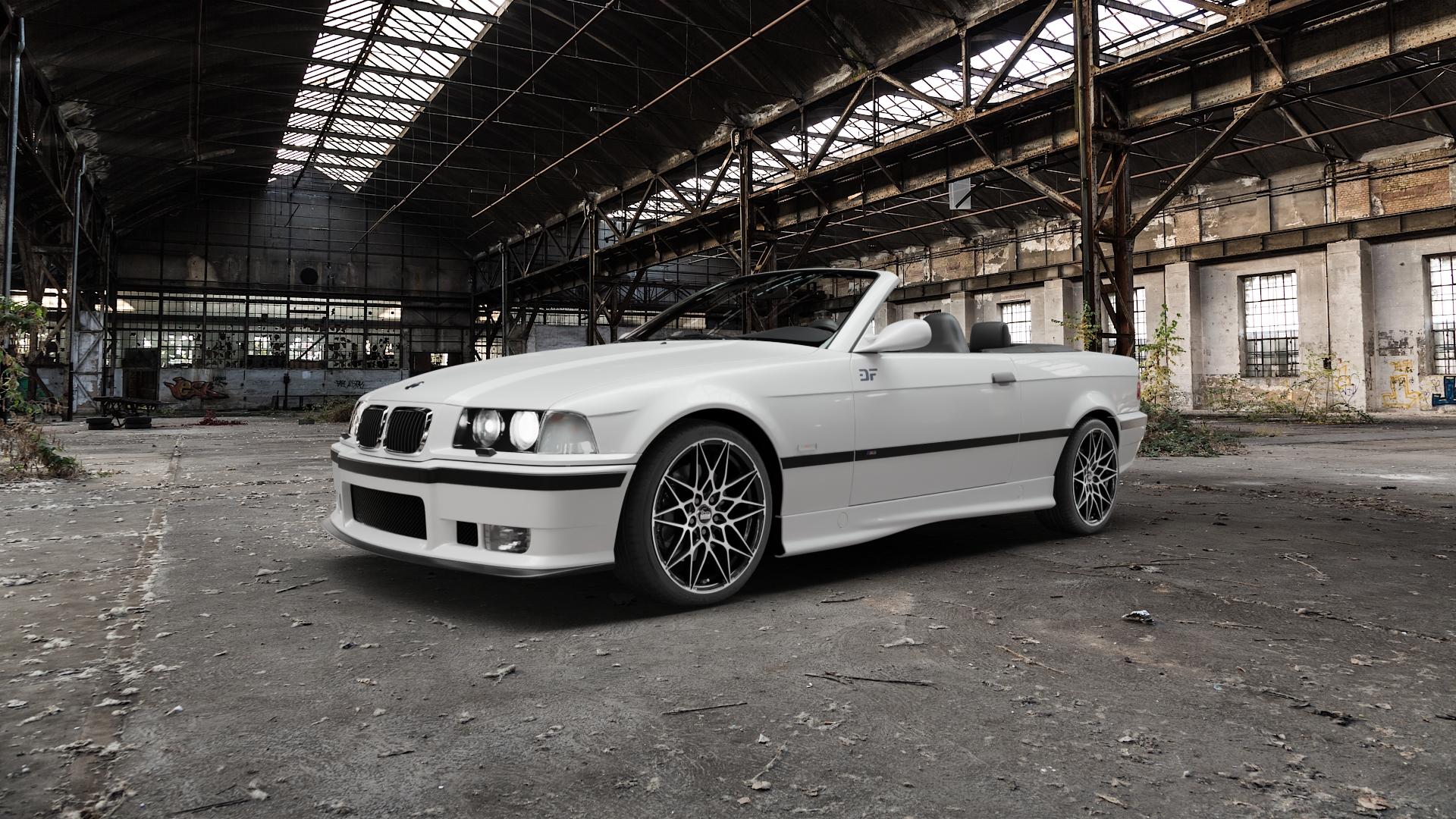 MAM B2 BLACK FRONT POLISH Felge mit Reifen schwarz in 18Zoll Winterfelge Alufelge auf weissem BMW M3 Typ E36 (Cabrio) ⬇️ mit 15mm Tieferlegung ⬇️ Old Industrial Hall_max5000mm_2022 Frontansicht_1