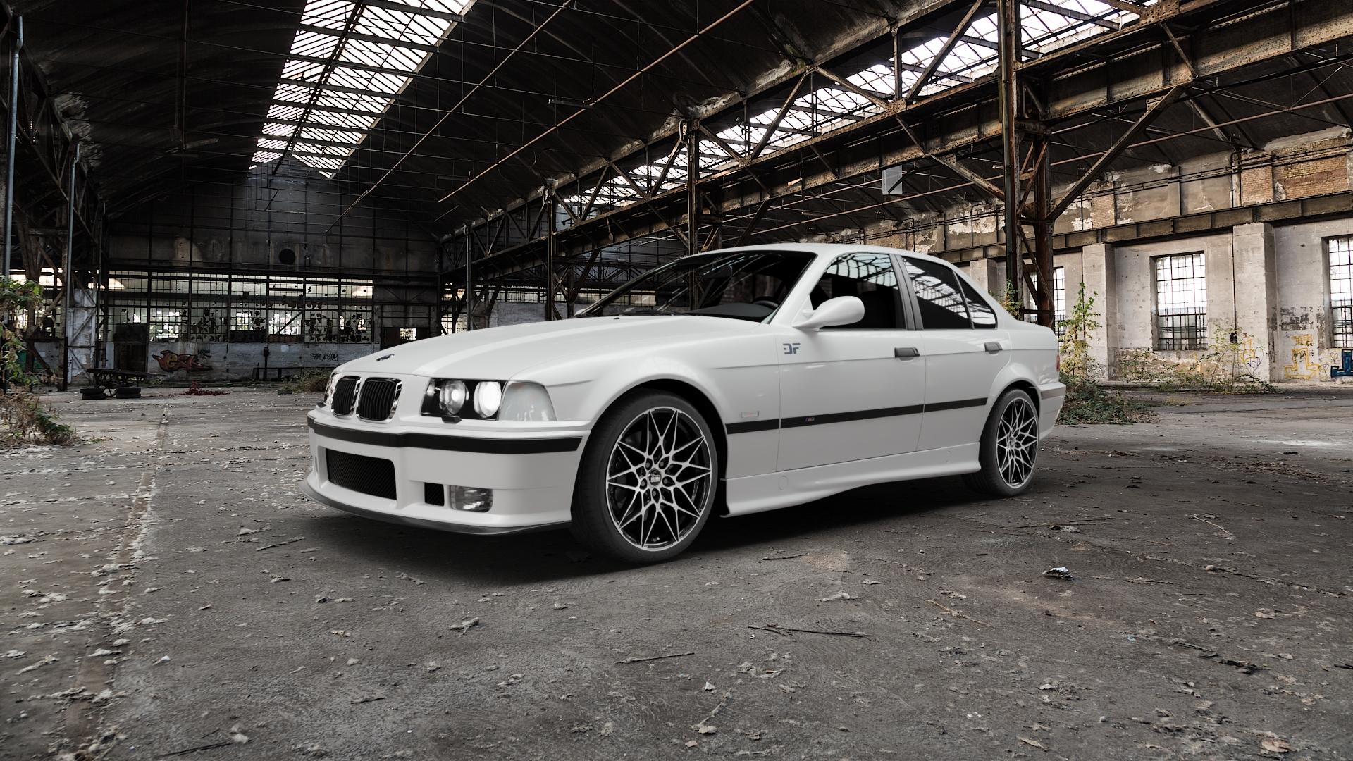 MAM B2 BLACK FRONT POLISH Felge mit Reifen schwarz in 18Zoll Winterfelge Alufelge auf weissem BMW M3 Typ E36 (Limousine) ⬇️ mit 15mm Tieferlegung ⬇️ Old Industrial Hall_max5000mm_2022 Frontansicht_1