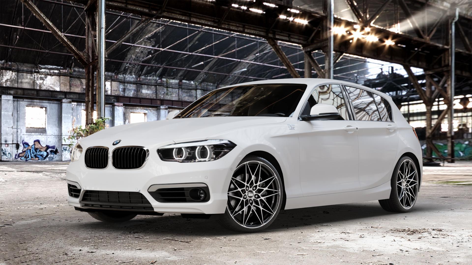 MAM B2 BLACK FRONT POLISH Felge mit Reifen schwarz in 19Zoll Winterfelge Alufelge auf weissem BMW 116i Typ F20 118i 116d 118d 120d 125d 125i 114d 114i xDrive 120i Facelift EffDyn Edition 1 M135i ⬇️ mit 15mm Tieferlegung ⬇️ Old Industrial Hall_max_4400mm_2024 Frontansicht_1