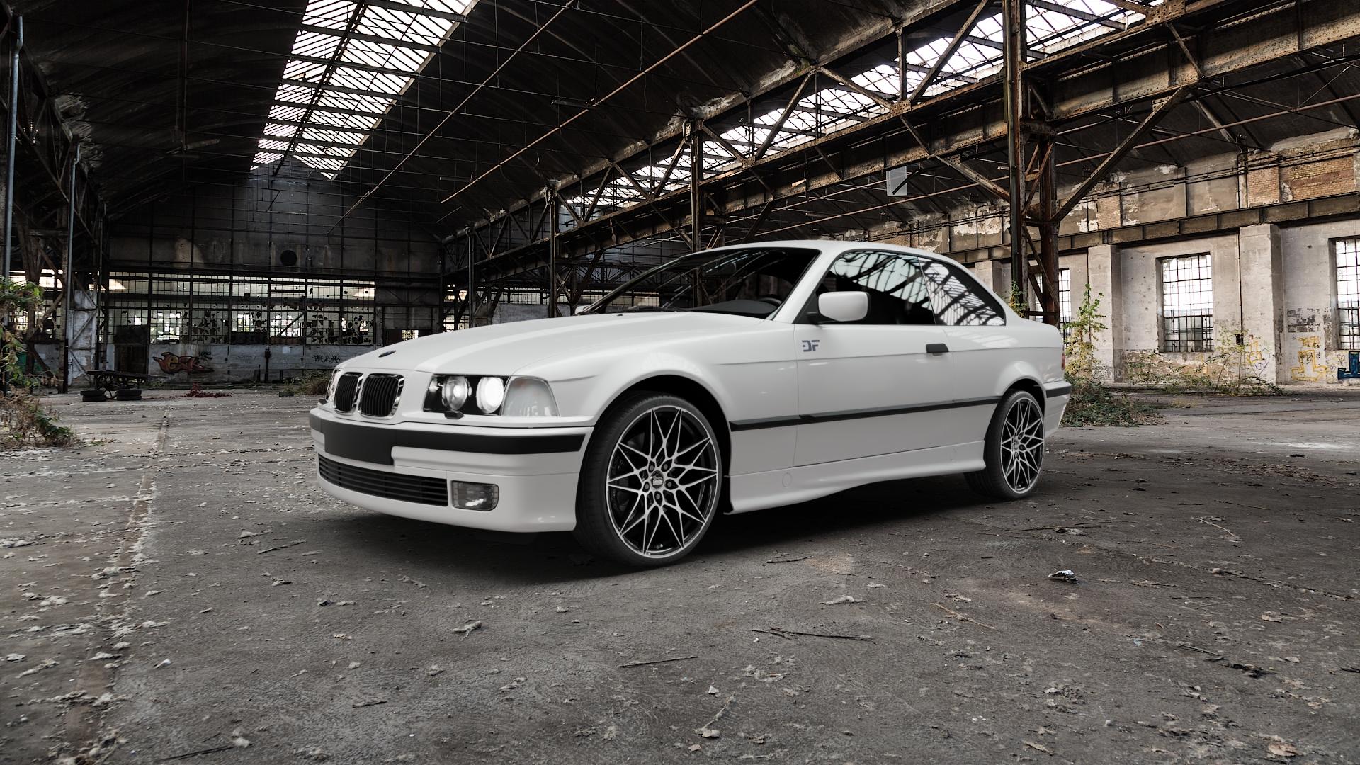 MAM B2 BLACK FRONT POLISH Felge mit Reifen schwarz in 19Zoll Winterfelge Alufelge auf weissem BMW 316i Typ E36 (Compact) 318ti 323ti 318tds (Coupé) 320i 323i 325i 328i 318is 3er Coupé (3/B) Compact (3C, 3/CG) 8er E31 (8/E, M8/E) ⬇️ mit 15mm Tieferlegung ⬇️ Old Industrial Hall_max5000mm_2022 Frontansicht_1