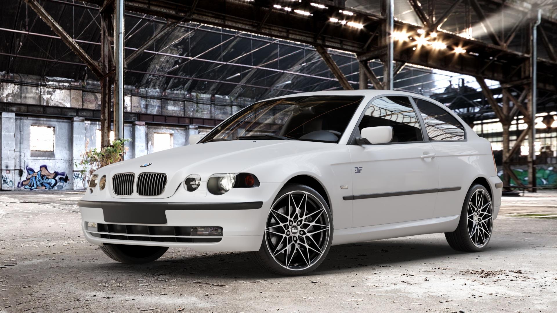 MAM B2 BLACK FRONT POLISH Felge mit Reifen schwarz in 19Zoll Winterfelge Alufelge auf weissem BMW 316ti Typ E46 (Compact) 318ti 325ti 318td 320td 3er Compact (346K) ⬇️ mit 15mm Tieferlegung ⬇️ Old Industrial Hall_max_4400mm_2024 Frontansicht_1