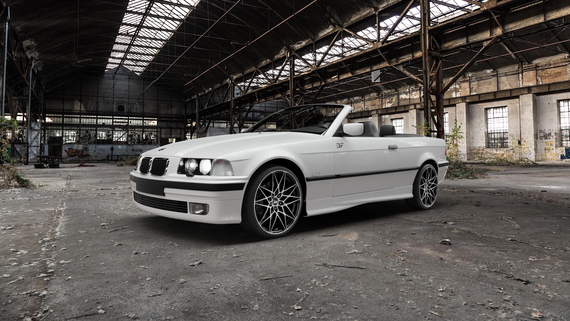 MAM B2 BLACK FRONT POLISH Felge mit Reifen schwarz in 19Zoll Winterfelge Alufelge auf weissem BMW 318i Typ E36 (Cabrio) 320i 323i 325i 328i 3er Cabrio (3/B) ⬇️ mit 15mm Tieferlegung ⬇️ Old Industrial Hall_max5000mm_2022 Frontansicht_1