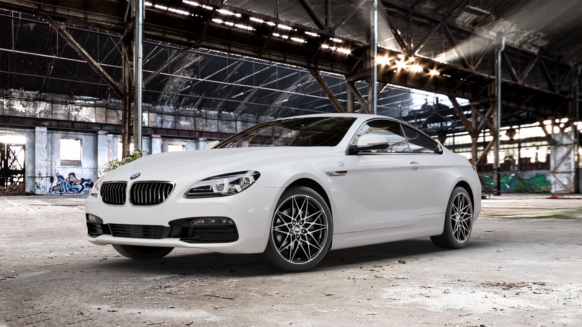 MAM B2 BLACK FRONT POLISH Felge mit Reifen schwarz in 19Zoll Winterfelge Alufelge auf weissem BMW 640i Typ F13 (Coupe) 650i 640d xDrive ⬇️ mit 15mm Tieferlegung ⬇️ Old Industrial Hall_max_5300mm_2024 Frontansicht_1