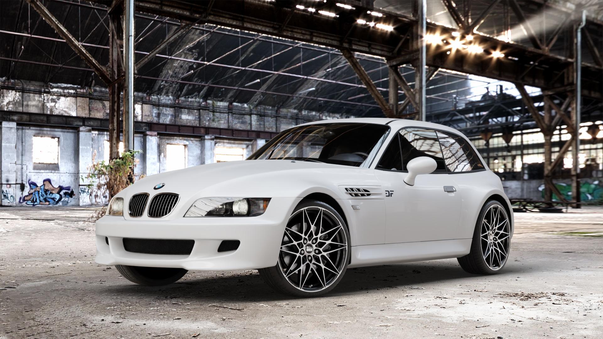 MAM B2 BLACK FRONT POLISH Felge mit Reifen schwarz in 19Zoll Winterfelge Alufelge auf weissem BMW Z3 Coupé Typ E36/8(S) (R/C) ⬇️ mit 15mm Tieferlegung ⬇️ Old Industrial Hall_max_4400mm_2024 Frontansicht_1