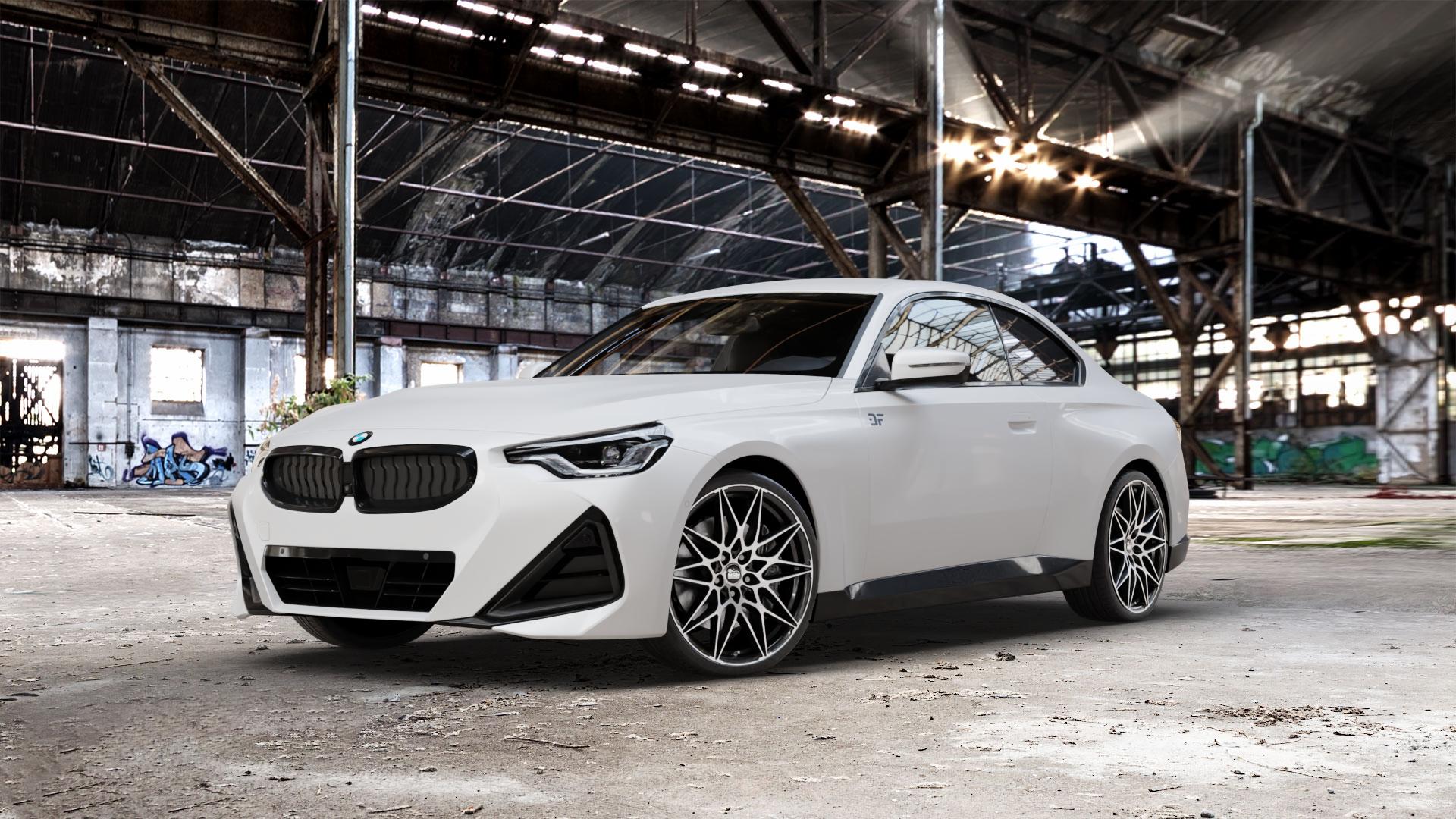 MAM B2 BLACK FRONT POLISH Felge mit Reifen schwarz in 20Zoll Winterfelge Alufelge auf weissem BMW 2er G42 Coupé (G2C) ⬇️ mit 15mm Tieferlegung ⬇️ Old Industrial Hall_max_5300mm_2024 Frontansicht_1