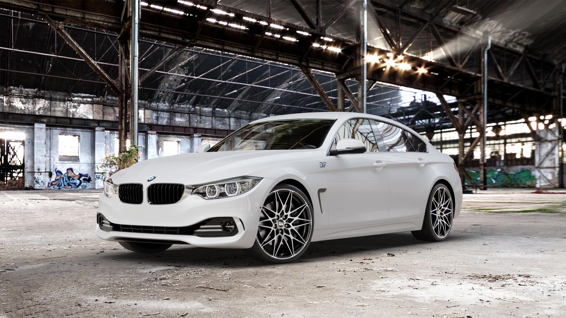 MAM B2 BLACK FRONT POLISH Felge mit Reifen schwarz in 20Zoll Winterfelge Alufelge auf weissem BMW 418d Typ F36 (Gran Coupe) 420d xDrive 420i 428i 435i 430d 440i 418i 430i 425d 4er Gran Coupe (3C) ⬇️ mit 15mm Tieferlegung ⬇️ Old Industrial Hall_max_5300mm_2024 Frontansicht_1