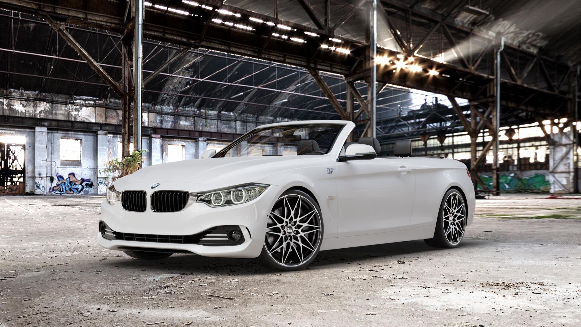 MAM B2 BLACK FRONT POLISH Felge mit Reifen schwarz in 20Zoll Winterfelge Alufelge auf weissem BMW 428i Typ F33 (Cabrio) 435i 420d xDrive 420i 425d 430d 435d 430i 440i 4er Cabrio (3C) ⬇️ mit 15mm Tieferlegung ⬇️ Old Industrial Hall_max_5300mm_2024 Frontansicht_1