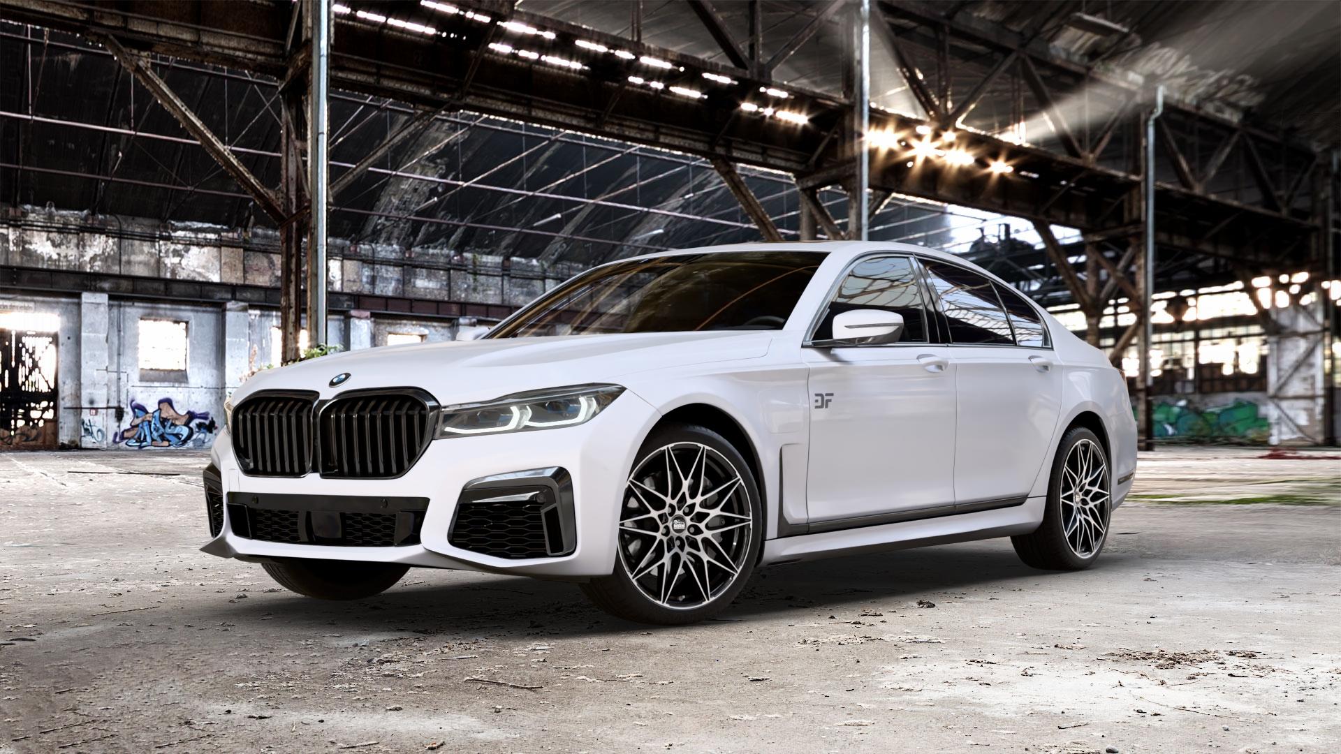 MAM B2 BLACK FRONT POLISH Felge mit Reifen schwarz in 20Zoll Winterfelge Alufelge auf weissem BMW 730i Typ G11 Facelift 740i 745e 750i xDrive 7er Limousine (7L) ⬇️ mit 15mm Tieferlegung ⬇️ Old Industrial Hall_max_5300mm_2024 Frontansicht_1