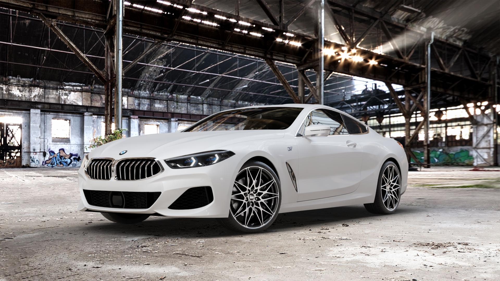 MAM B2 BLACK FRONT POLISH Felge mit Reifen schwarz in 20Zoll Winterfelge Alufelge auf weissem BMW 840d xDrive Typ G15 M850i 840i M8 F8CM (Coupe) 8er Coupé (G8C) ⬇️ mit 15mm Tieferlegung ⬇️ Old Industrial Hall_max_5300mm_2024 Frontansicht_1