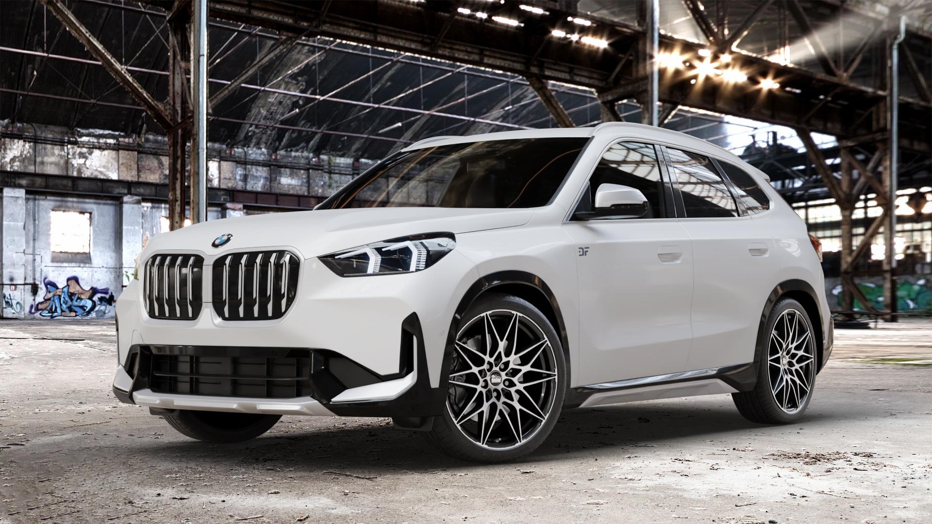 MAM B2 BLACK FRONT POLISH Felge mit Reifen schwarz in 20Zoll Winterfelge Alufelge auf weissem BMW X1 Typ U11 (U1X) ⬇️ mit 15mm Tieferlegung ⬇️ Old Industrial Hall_max_4400mm_2024 Frontansicht_1
