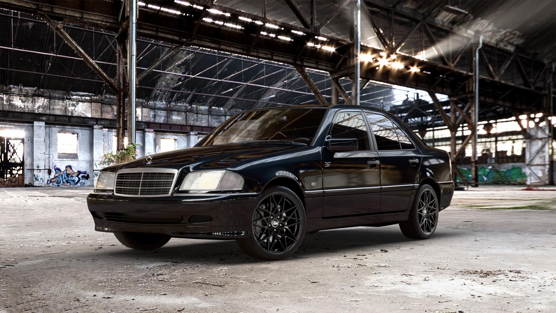 MAM B2 BLACK PAINTED Felge mit Reifen schwarz in 18Zoll Winterfelge Alufelge auf metallic schwarzem Mercedes C-Klasse Typ W202 Limousine ⬇️ mit 15mm Tieferlegung ⬇️ Old Industrial Hall_max_5300mm_2024 Frontansicht_1
