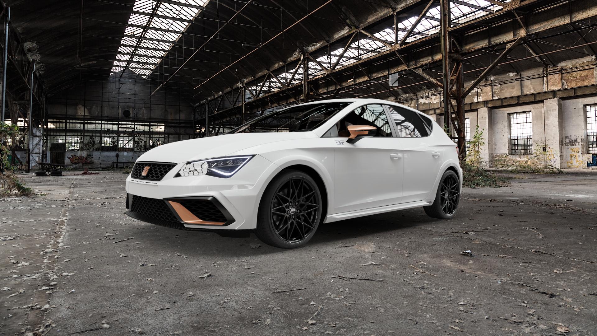 MAM B2 BLACK PAINTED Felge mit Reifen schwarz in 19Zoll Winterfelge Alufelge auf weissem Seat Leon Typ 5F Facelift 2,0l Cupra 300 221kW (300 PS) R 310 228kW (310 290 213kW (290 ⬇️ mit 15mm Tieferlegung ⬇️ Old Industrial Hall_max5000mm_2022 Frontansicht_1