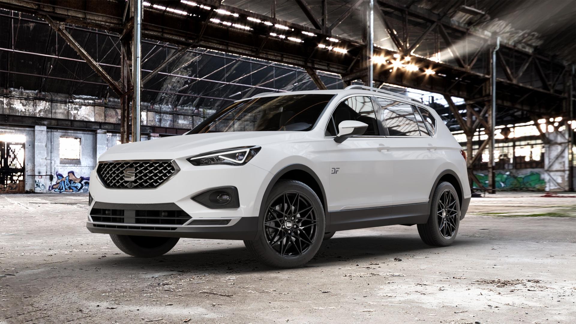 MAM B2 BLACK PAINTED Felge mit Reifen schwarz in 19Zoll Winterfelge Alufelge auf weissem Seat Tarraco Typ KN ⬇️ mit 15mm Tieferlegung ⬇️ Old Industrial Hall_max_5300mm_2024 Frontansicht_1