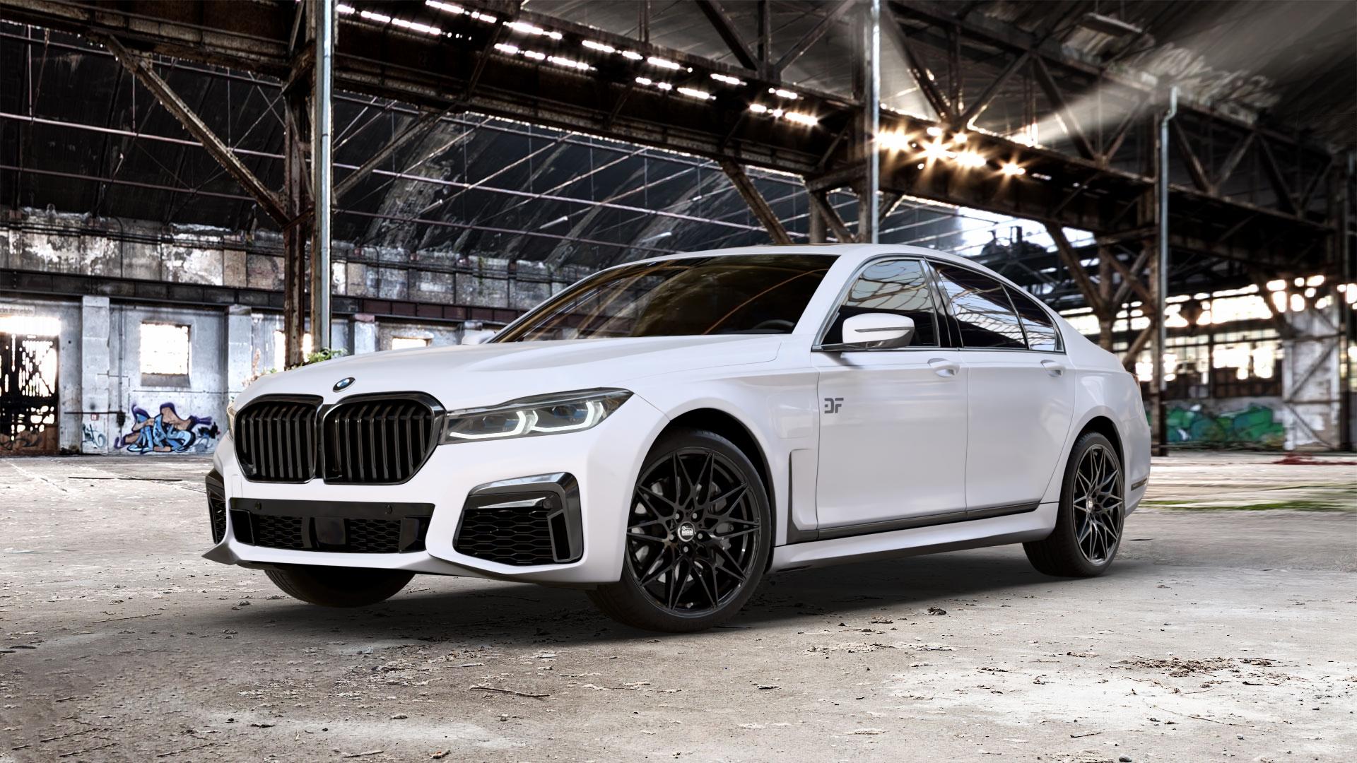 MAM B2 BLACK PAINTED Felge mit Reifen schwarz in 20Zoll Winterfelge Alufelge auf weissem BMW 730i Typ G11 Facelift 740i 745e 750i xDrive 7er Limousine (7L) ⬇️ mit 15mm Tieferlegung ⬇️ Old Industrial Hall_max_5300mm_2024 Frontansicht_1