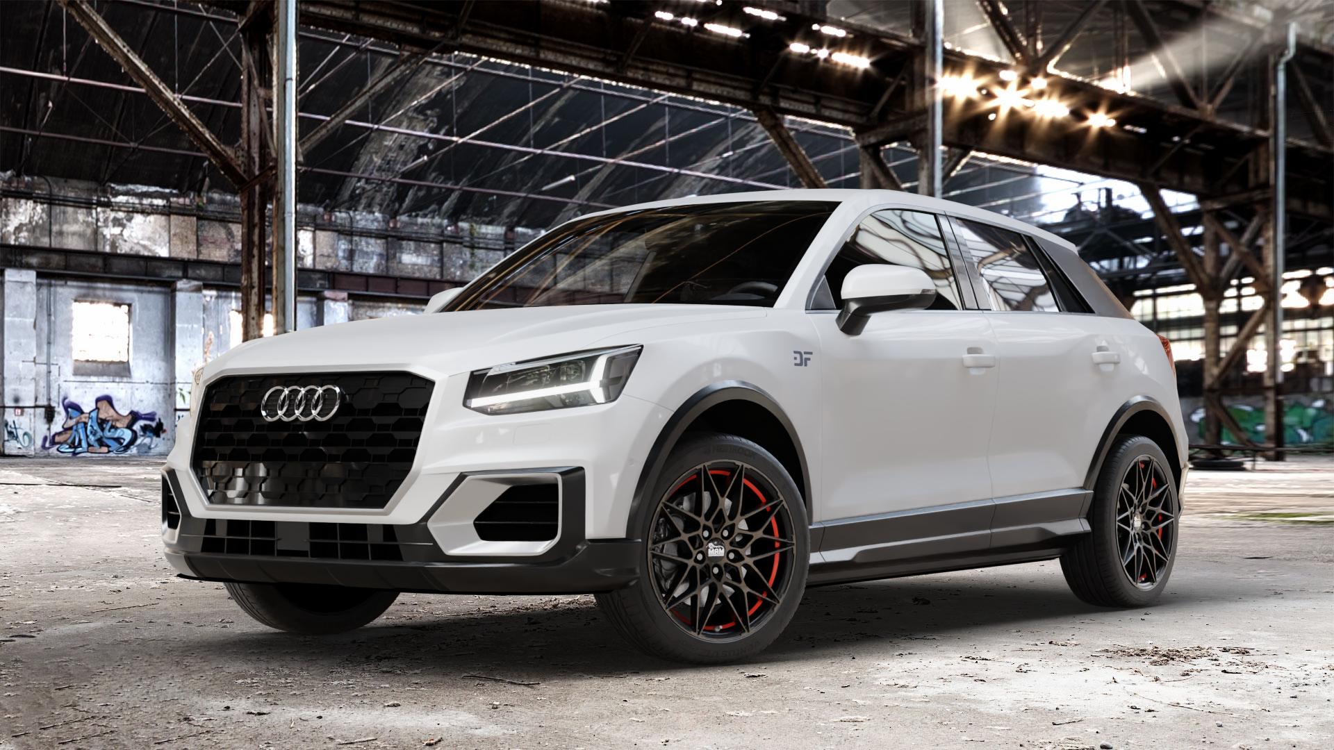 MAM B2 BRONZE RED INSIDE Felge mit Reifen rot in 18Zoll Winterfelge Alufelge auf weissem Audi Q2 Typ GA ⬇️ mit 15mm Tieferlegung ⬇️ Old Industrial Hall_max_4400mm_2024 Frontansicht_1