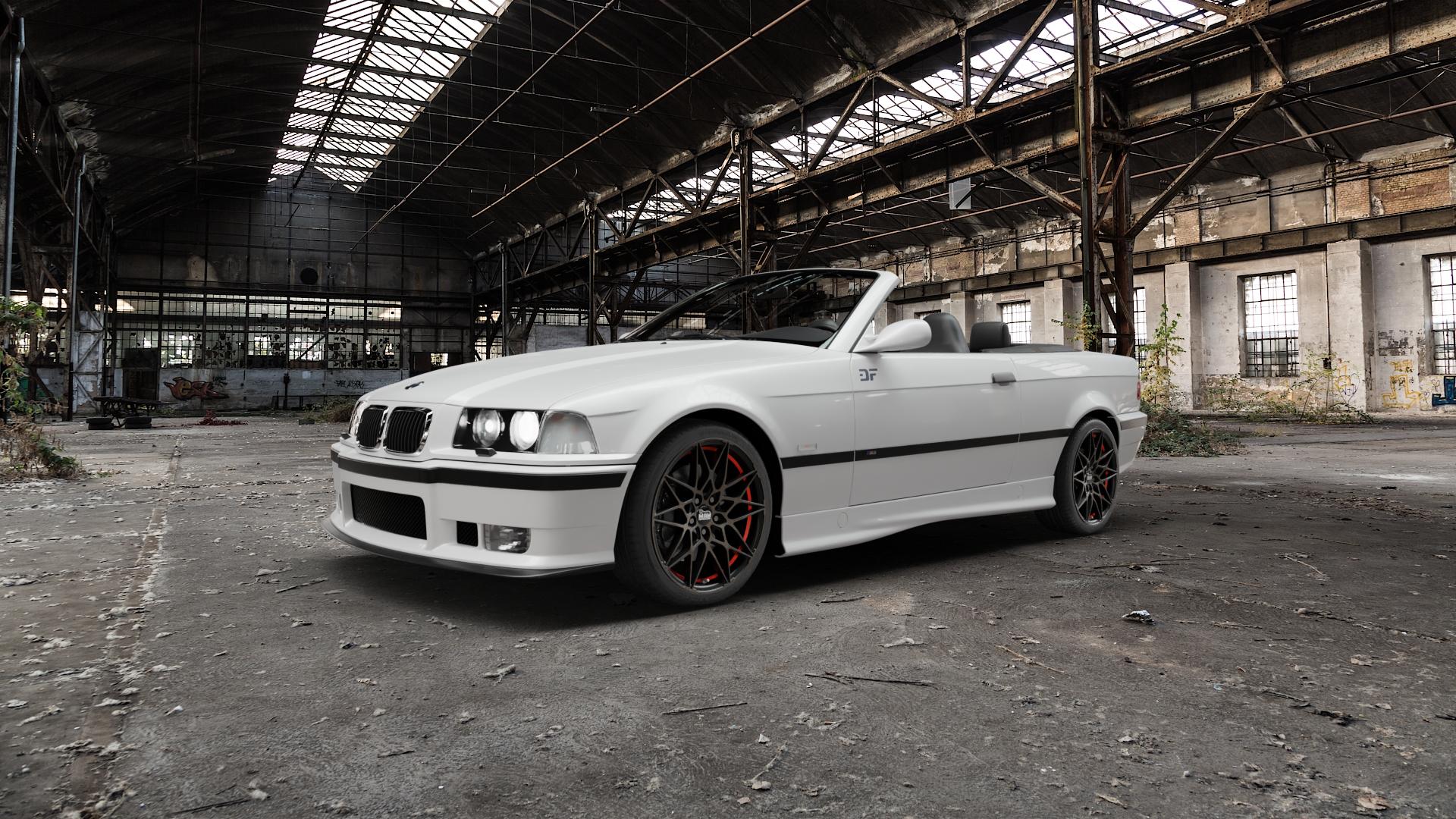 MAM B2 BRONZE RED INSIDE Felge mit Reifen rot in 18Zoll Winterfelge Alufelge auf weissem BMW M3 Typ E36 (Cabrio) ⬇️ mit 15mm Tieferlegung ⬇️ Old Industrial Hall_max5000mm_2022 Frontansicht_1