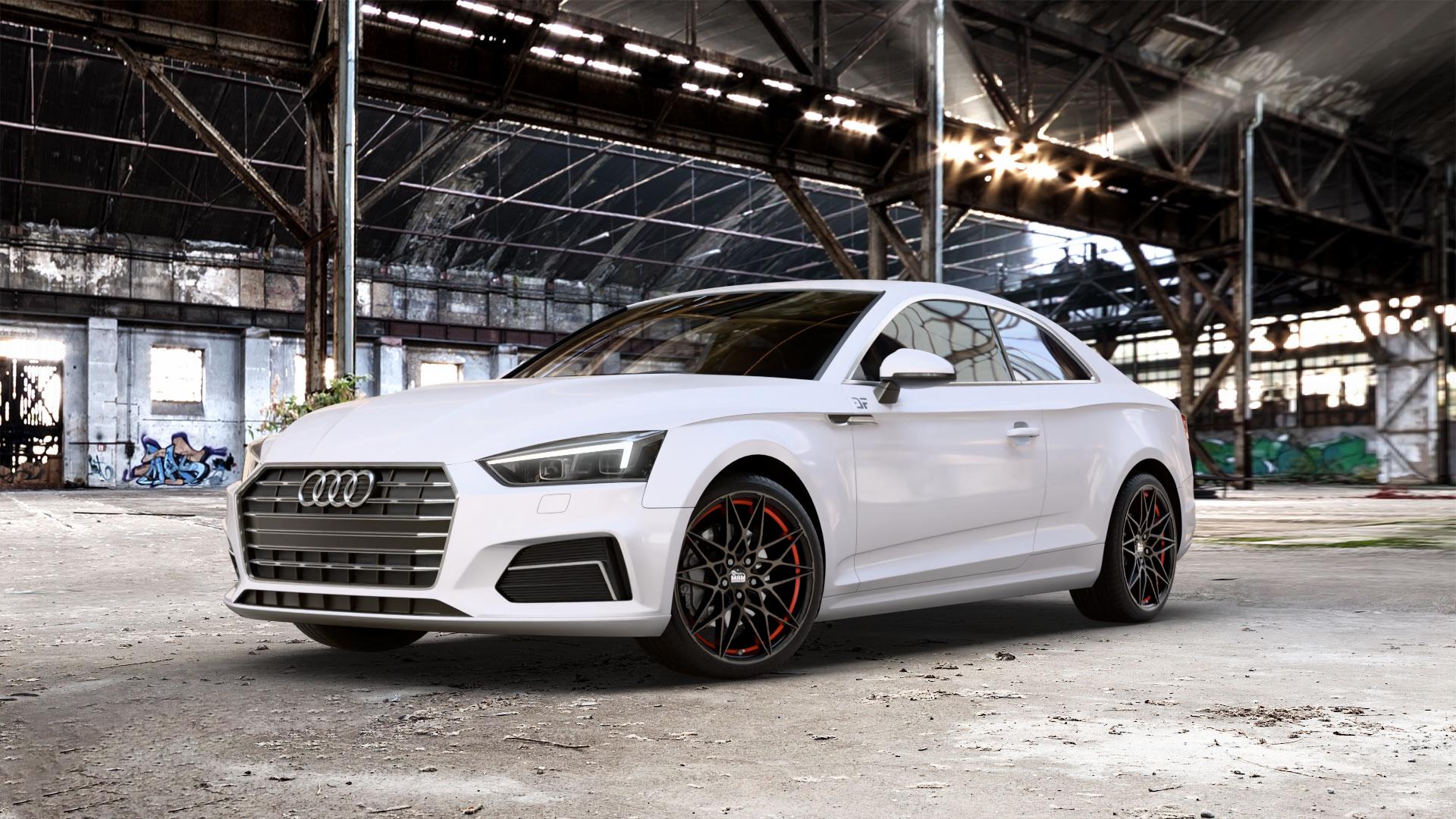 MAM B2 BRONZE RED INSIDE Felge mit Reifen rot in 19Zoll Winterfelge Alufelge auf weissem Audi A5 Typ B9 (Coupé) ⬇️ mit 15mm Tieferlegung ⬇️ Old Industrial Hall_max_5300mm_2024 Frontansicht_1
