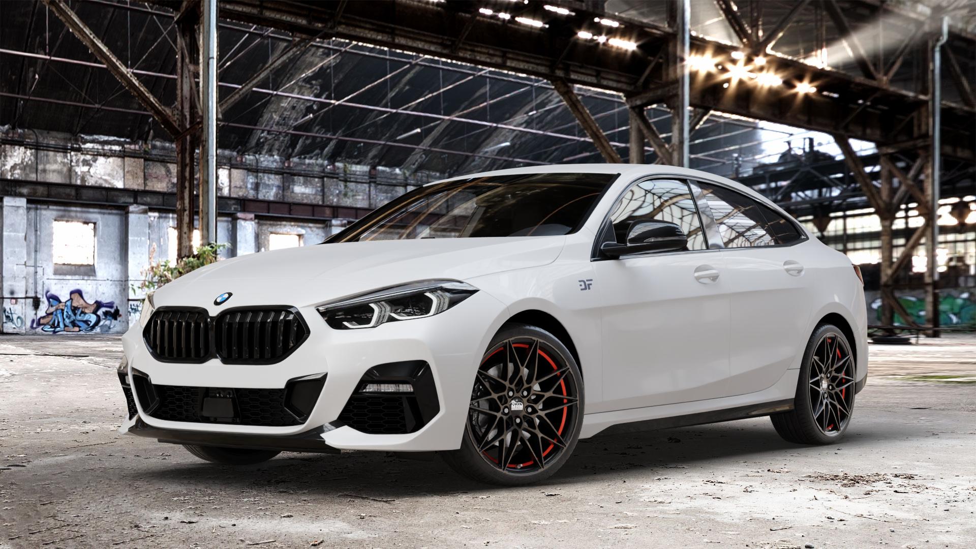 MAM B2 BRONZE RED INSIDE Felge mit Reifen rot in 19Zoll Winterfelge Alufelge auf weissem BMW 216d Typ F44 (Gran Coupe) 218i 220d 2 M235i xDrive 218d 220i 2er Gran Coupe (F2GC) ⬇️ mit 15mm Tieferlegung ⬇️ Old Industrial Hall_max_4400mm_2024 Frontansicht_1