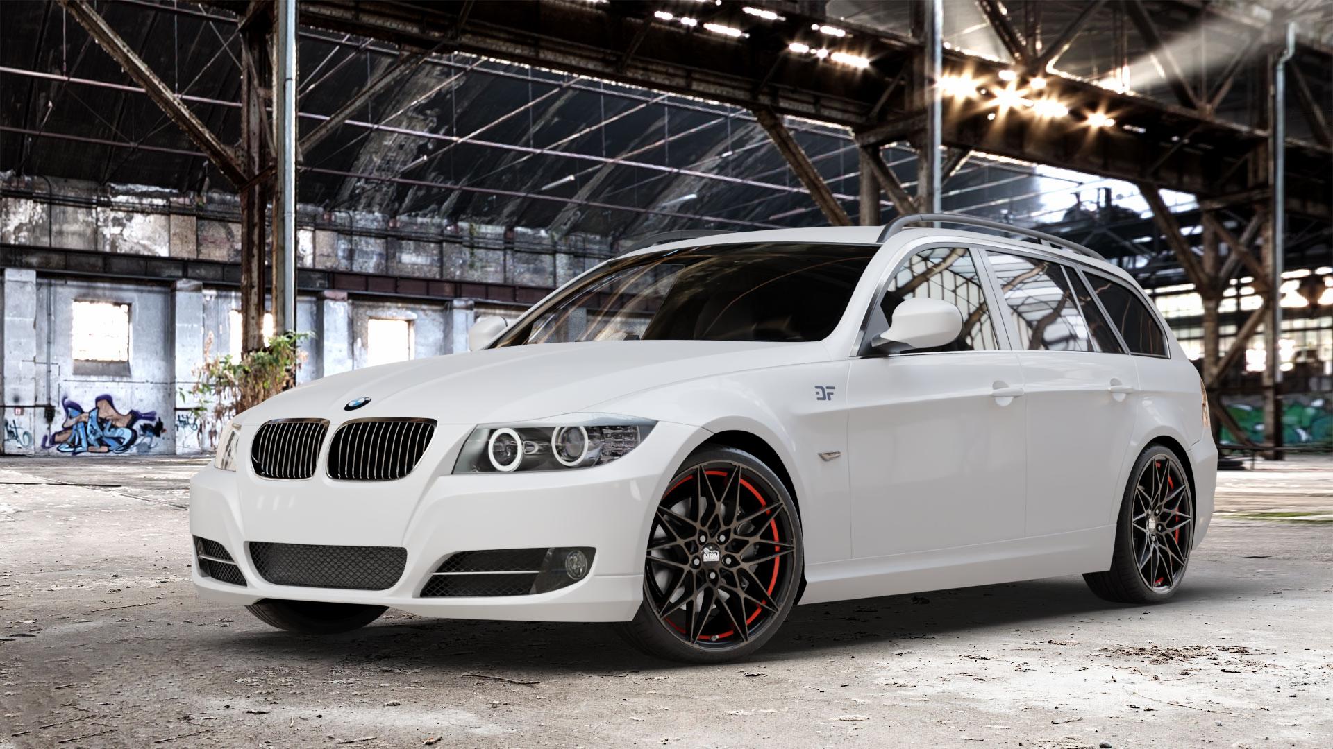 MAM B2 BRONZE RED INSIDE Felge mit Reifen rot in 19Zoll Winterfelge Alufelge auf weissem BMW 318i Typ E91 (Touring) 320i 325i 330i 320d 330d 318d 325xi 330xi 335i 335d 325d 330xd 335xi 320xd 316d 316i 3er Touring (390L, 390X, 3K, 3K-N1) ⬇️ mit 15mm Tieferlegung ⬇️ Old Industrial Hall_max_4400mm_2024 Frontansicht_1