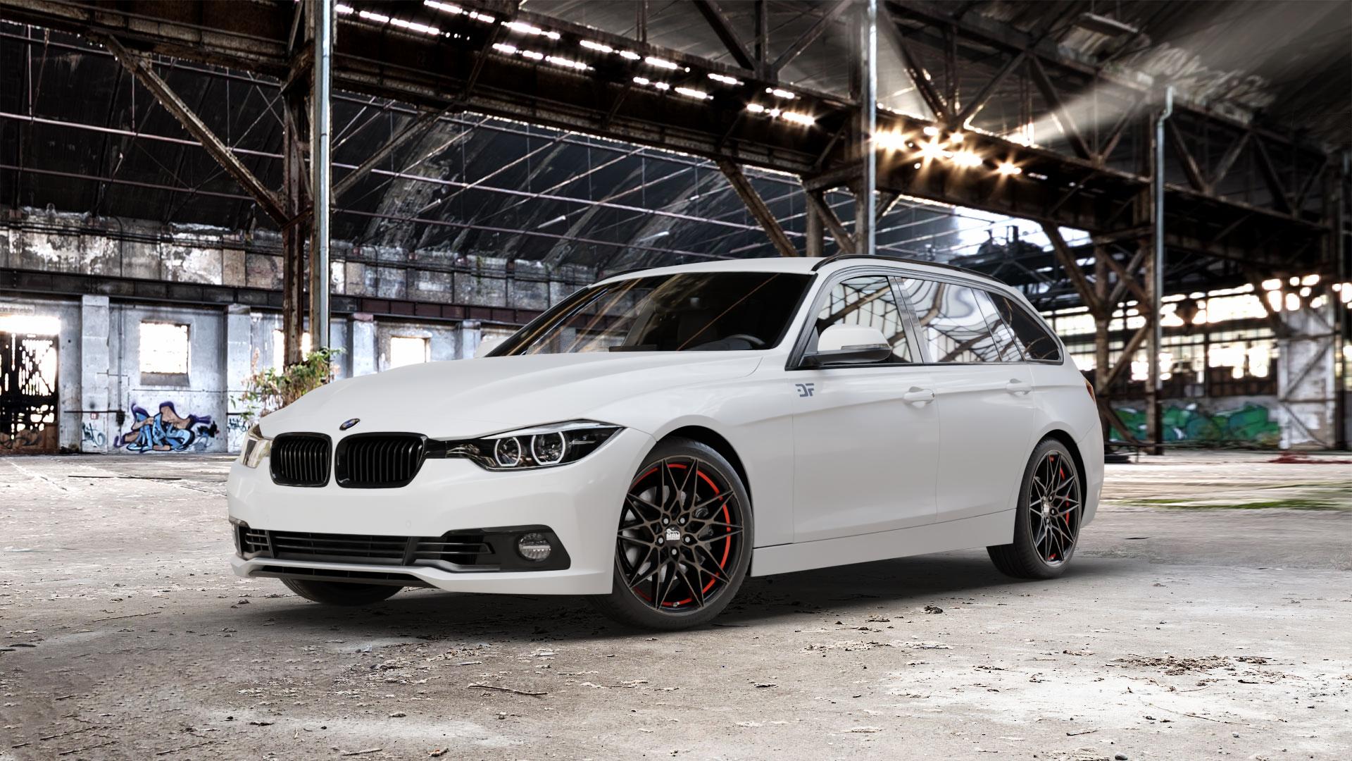 MAM B2 BRONZE RED INSIDE Felge mit Reifen rot in 19Zoll Winterfelge Alufelge auf weissem BMW 330d Typ F31 (Touring) xDrive 318i 330i 340i 3er Touring (3K, 3K-N1) ⬇️ mit 15mm Tieferlegung ⬇️ Old Industrial Hall_max_5300mm_2024 Frontansicht_1