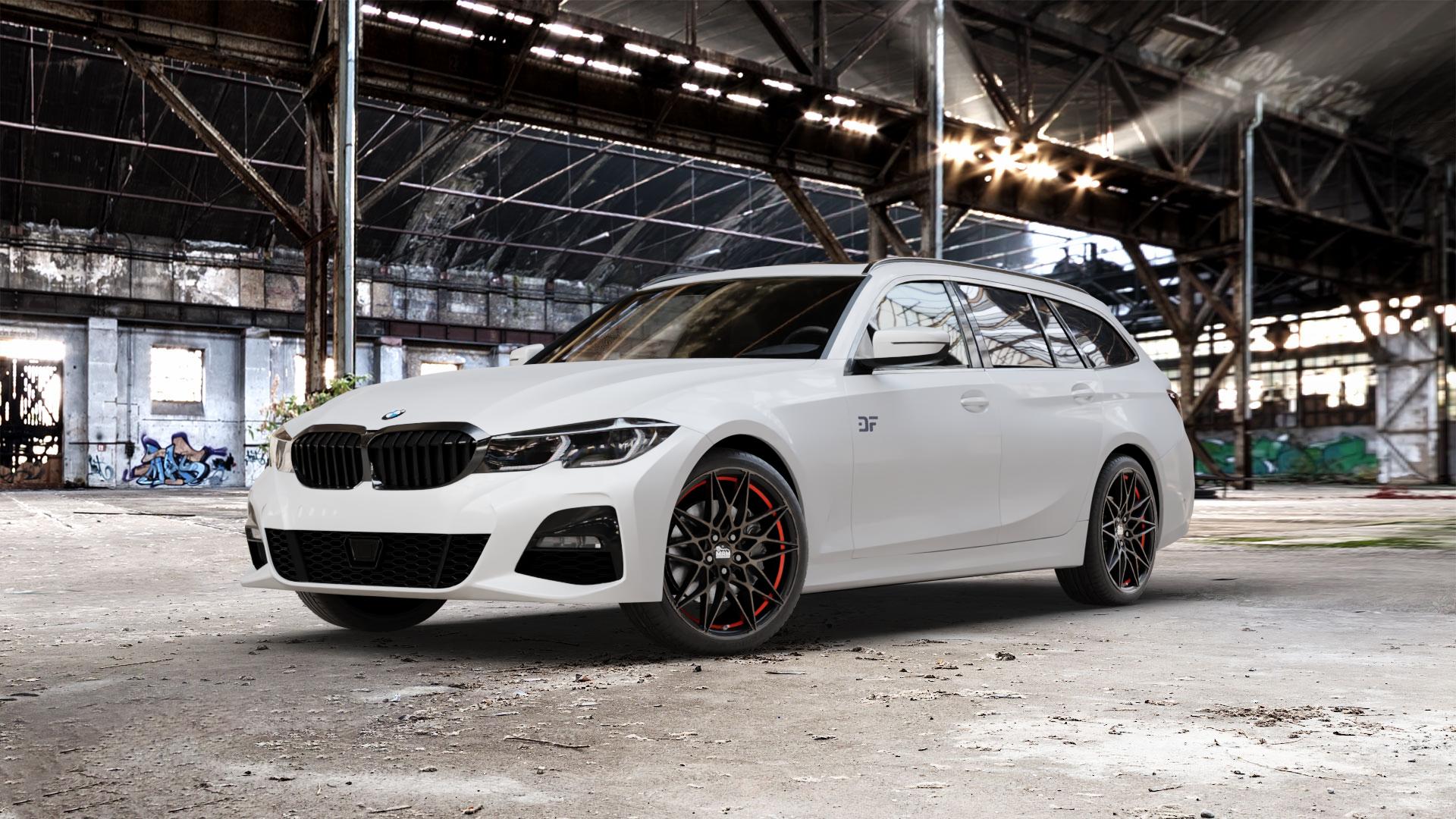 MAM B2 BRONZE RED INSIDE Felge mit Reifen rot in 19Zoll Winterfelge Alufelge auf weissem BMW 3er G21 Touring (G3K) ⬇️ mit 15mm Tieferlegung ⬇️ Old Industrial Hall_max_5300mm_2024 Frontansicht_1