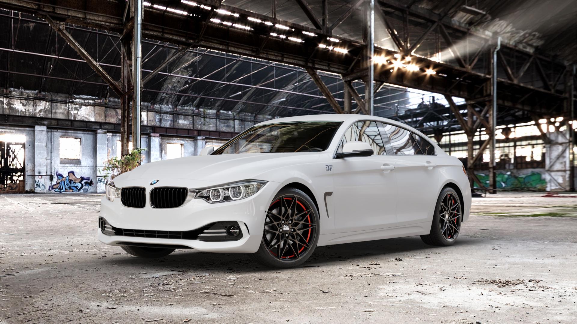 MAM B2 BRONZE RED INSIDE Felge mit Reifen rot in 19Zoll Winterfelge Alufelge auf weissem BMW 418d Typ F36 (Gran Coupe) 420d xDrive 420i 428i 435i 430d 440i 418i 430i 425d 4er Gran Coupe (3C) ⬇️ mit 15mm Tieferlegung ⬇️ Old Industrial Hall_max_5300mm_2024 Frontansicht_1