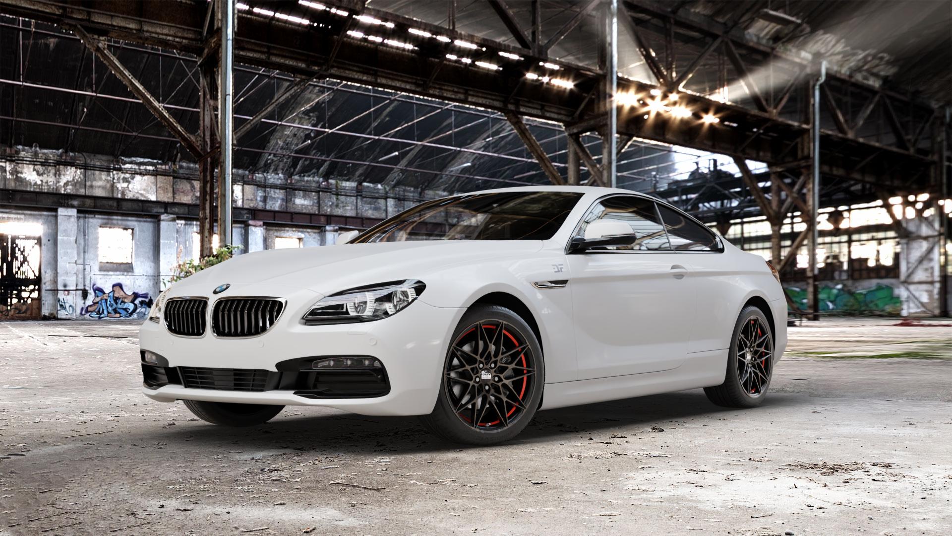 MAM B2 BRONZE RED INSIDE Felge mit Reifen rot in 19Zoll Winterfelge Alufelge auf weissem BMW 640i Typ F13 (Coupe) 650i 640d xDrive ⬇️ mit 15mm Tieferlegung ⬇️ Old Industrial Hall_max_5300mm_2024 Frontansicht_1