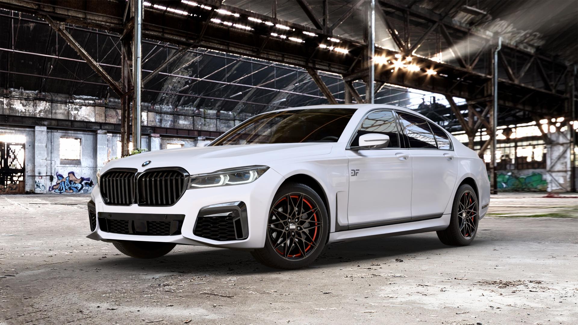 MAM B2 BRONZE RED INSIDE Felge mit Reifen rot in 19Zoll Winterfelge Alufelge auf weissem BMW 730i Typ G11 Facelift 740i 745e 750i xDrive 7er Limousine (7L) ⬇️ mit 15mm Tieferlegung ⬇️ Old Industrial Hall_max_5300mm_2024 Frontansicht_1