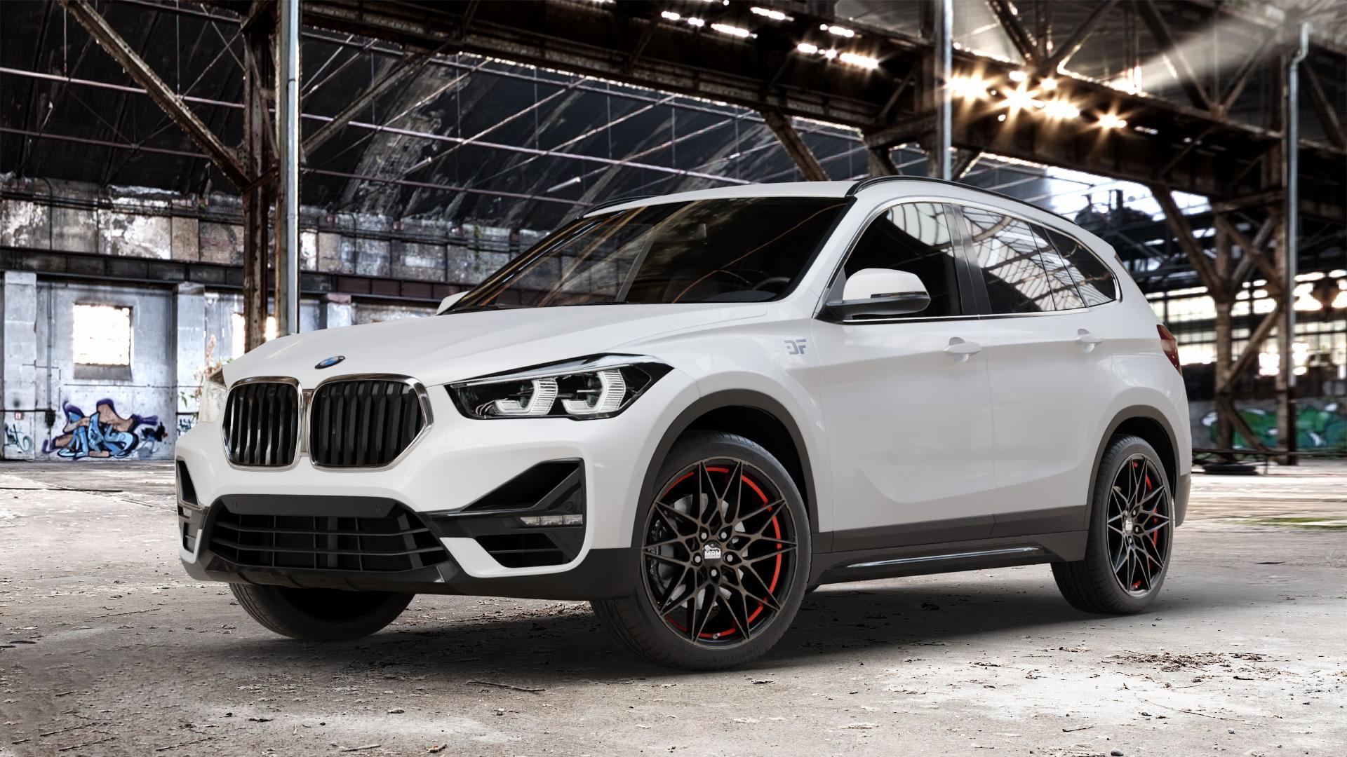MAM B2 BRONZE RED INSIDE Felge mit Reifen rot in 19Zoll Winterfelge Alufelge auf weissem BMW X1 Typ F48 (F1X) Facelift ⬇️ mit 15mm Tieferlegung ⬇️ Old Industrial Hall_max_4400mm_2024 Frontansicht_1
