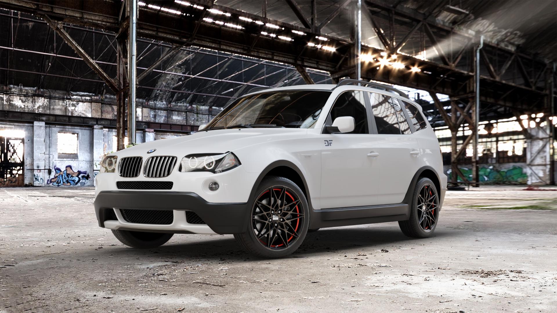 MAM B2 BRONZE RED INSIDE Felge mit Reifen rot in 19Zoll Winterfelge Alufelge auf weissem BMW X3 Typ E83 (X83) ⬇️ mit 15mm Tieferlegung ⬇️ Old Industrial Hall_max_5300mm_2024 Frontansicht_1