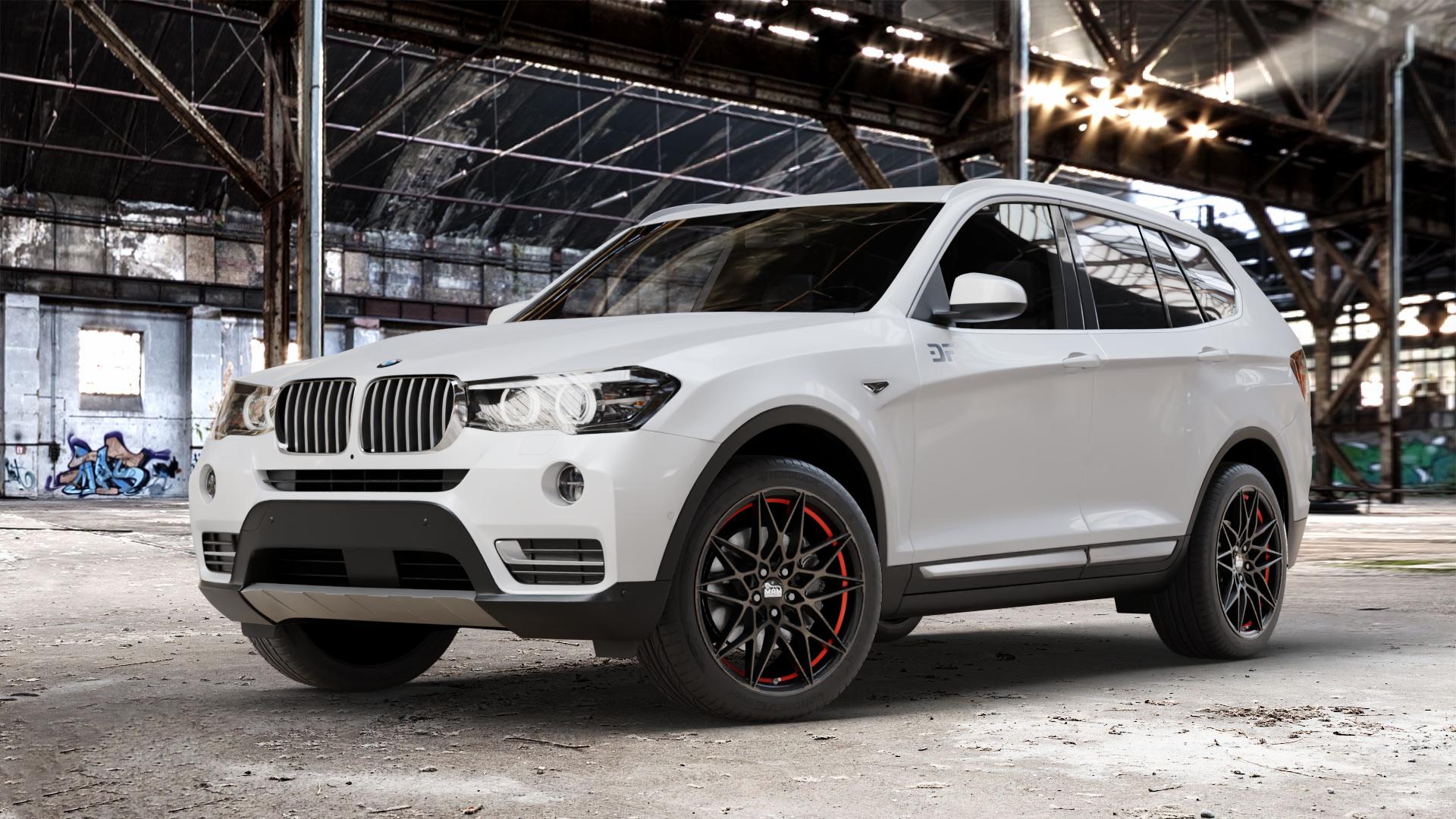 MAM B2 BRONZE RED INSIDE Felge mit Reifen rot in 19Zoll Winterfelge Alufelge auf weissem BMW X3 Typ F25 (X3, X-N1) Facelift ⬇️ mit 15mm Tieferlegung ⬇️ Old Industrial Hall_max_4400mm_2024 Frontansicht_1