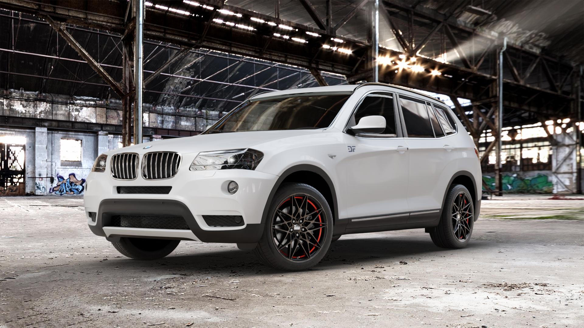 MAM B2 BRONZE RED INSIDE Felge mit Reifen rot in 19Zoll Winterfelge Alufelge auf weissem BMW X3 Typ F25 (X3, X-N1) ⬇️ mit 15mm Tieferlegung ⬇️ Old Industrial Hall_max_5300mm_2024 Frontansicht_1