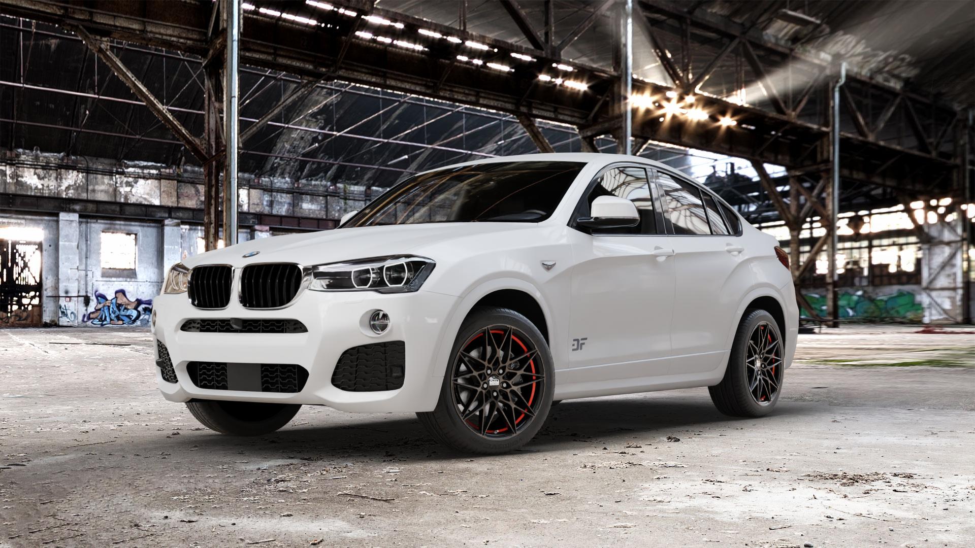 MAM B2 BRONZE RED INSIDE Felge mit Reifen rot in 19Zoll Winterfelge Alufelge auf weissem BMW X4 Typ F26 (X3, X-N1) ⬇️ mit 15mm Tieferlegung ⬇️ Old Industrial Hall_max_5300mm_2024 Frontansicht_1