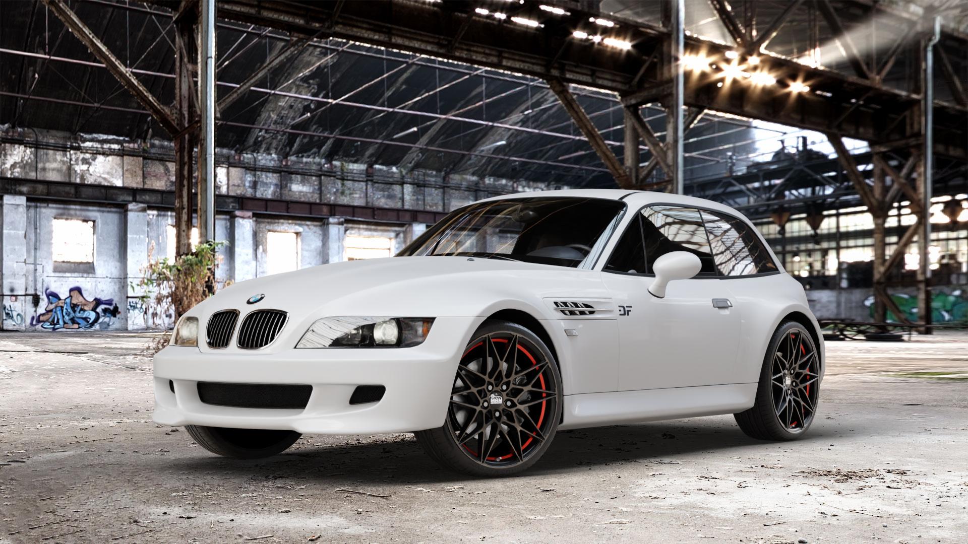MAM B2 BRONZE RED INSIDE Felge mit Reifen rot in 19Zoll Winterfelge Alufelge auf weissem BMW Z3 Coupé Typ E36/8(S) (R/C) ⬇️ mit 15mm Tieferlegung ⬇️ Old Industrial Hall_max_4400mm_2024 Frontansicht_1
