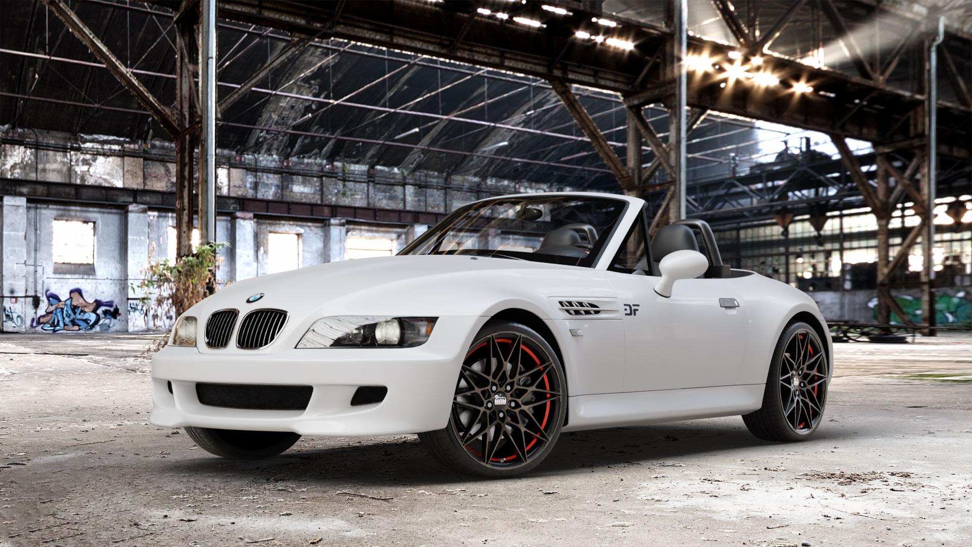 MAM B2 BRONZE RED INSIDE Felge mit Reifen rot in 19Zoll Winterfelge Alufelge auf weissem BMW Z3 Roadster Typ E36/7(S) (R/C) ⬇️ mit 15mm Tieferlegung ⬇️ Old Industrial Hall_max_4400mm_2024 Frontansicht_1