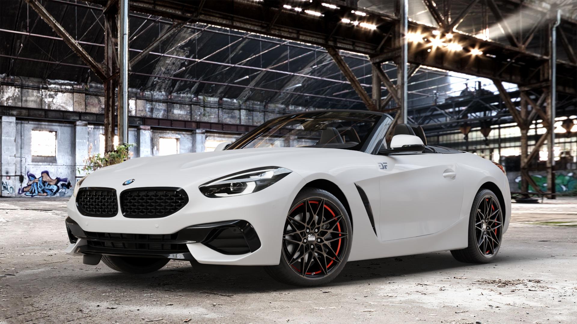 MAM B2 BRONZE RED INSIDE Felge mit Reifen rot in 19Zoll Winterfelge Alufelge auf weissem BMW Z4 Roadster Typ G29 (G4Z) Z1 Z8 ⬇️ mit 15mm Tieferlegung ⬇️ Old Industrial Hall_max_4400mm_2024 Frontansicht_1