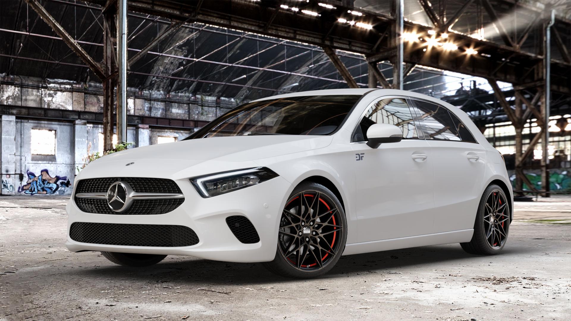 MAM B2 BRONZE RED INSIDE Felge mit Reifen rot in 19Zoll Winterfelge Alufelge auf weissem Mercedes A-Klasse IV Typ 177 (F2A) Schrägheck 2,0l A 250 165kW (224 PS) 1,3l 200 120kW (163 1,5l 180d 85kW (116 160 80kW (109 180 100kW (136 220 140kW (190 4Mat ⬇️ mit 15mm Tieferlegung ⬇️ Old Industrial Hall_max_4400mm_2024 Frontansicht_1