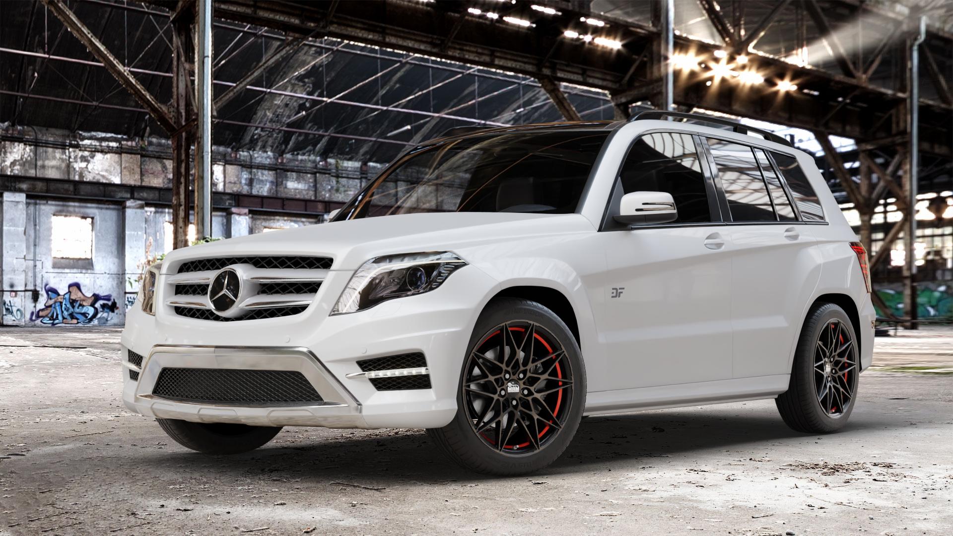 MAM B2 BRONZE RED INSIDE Felge mit Reifen rot in 19Zoll Winterfelge Alufelge auf weissem Mercedes GLK-Klasse Typ X204 Facelift ⬇️ mit 15mm Tieferlegung ⬇️ Old Industrial Hall_max_4400mm_2024 Frontansicht_1
