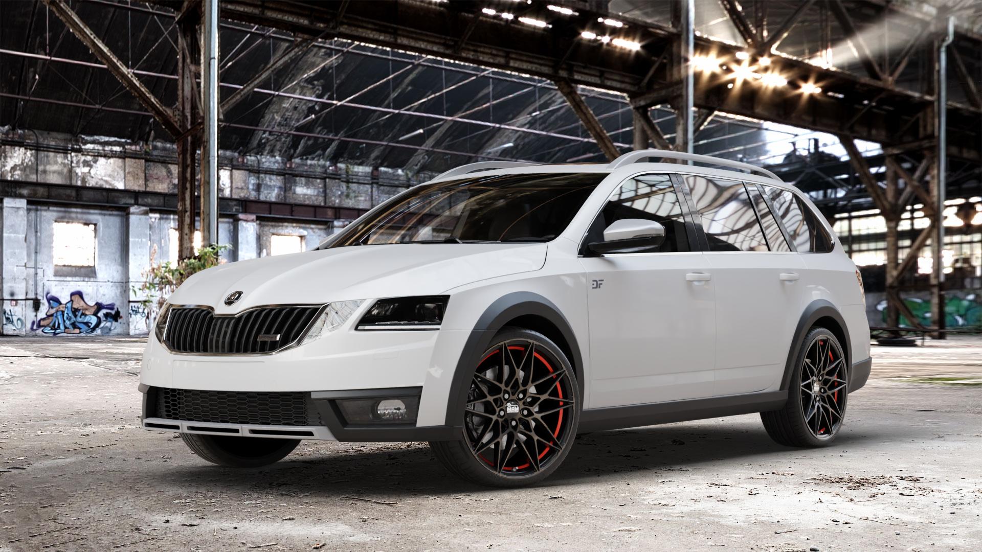 MAM B2 BRONZE RED INSIDE Felge mit Reifen rot in 19Zoll Winterfelge Alufelge auf weissem Skoda Octavia III Scout Typ 5E Facelift ⬇️ mit 15mm Tieferlegung ⬇️ Old Industrial Hall_max_4400mm_2024 Frontansicht_1