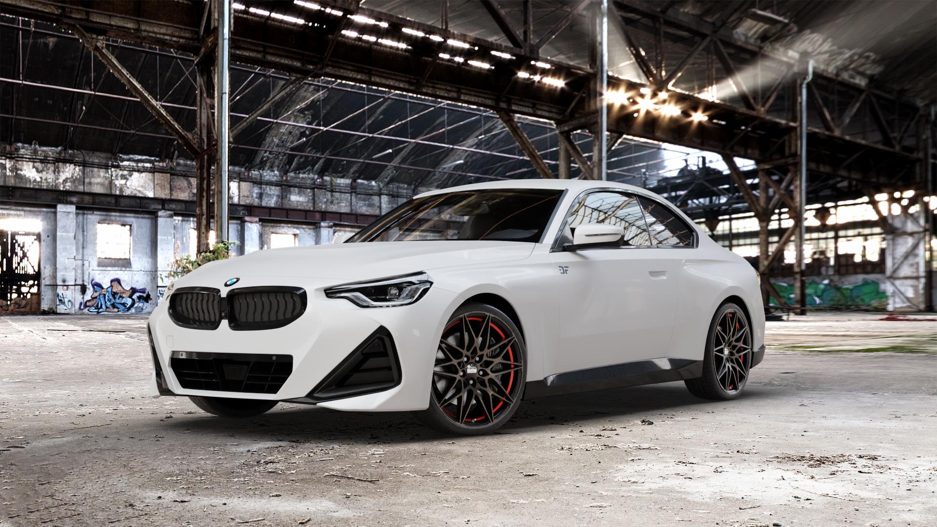 MAM B2 BRONZE RED INSIDE Felge mit Reifen rot in 20Zoll Winterfelge Alufelge auf weissem BMW 2er G42 Coupé (G2C) ⬇️ mit 15mm Tieferlegung ⬇️ Old Industrial Hall_max_5300mm_2024 Frontansicht_1