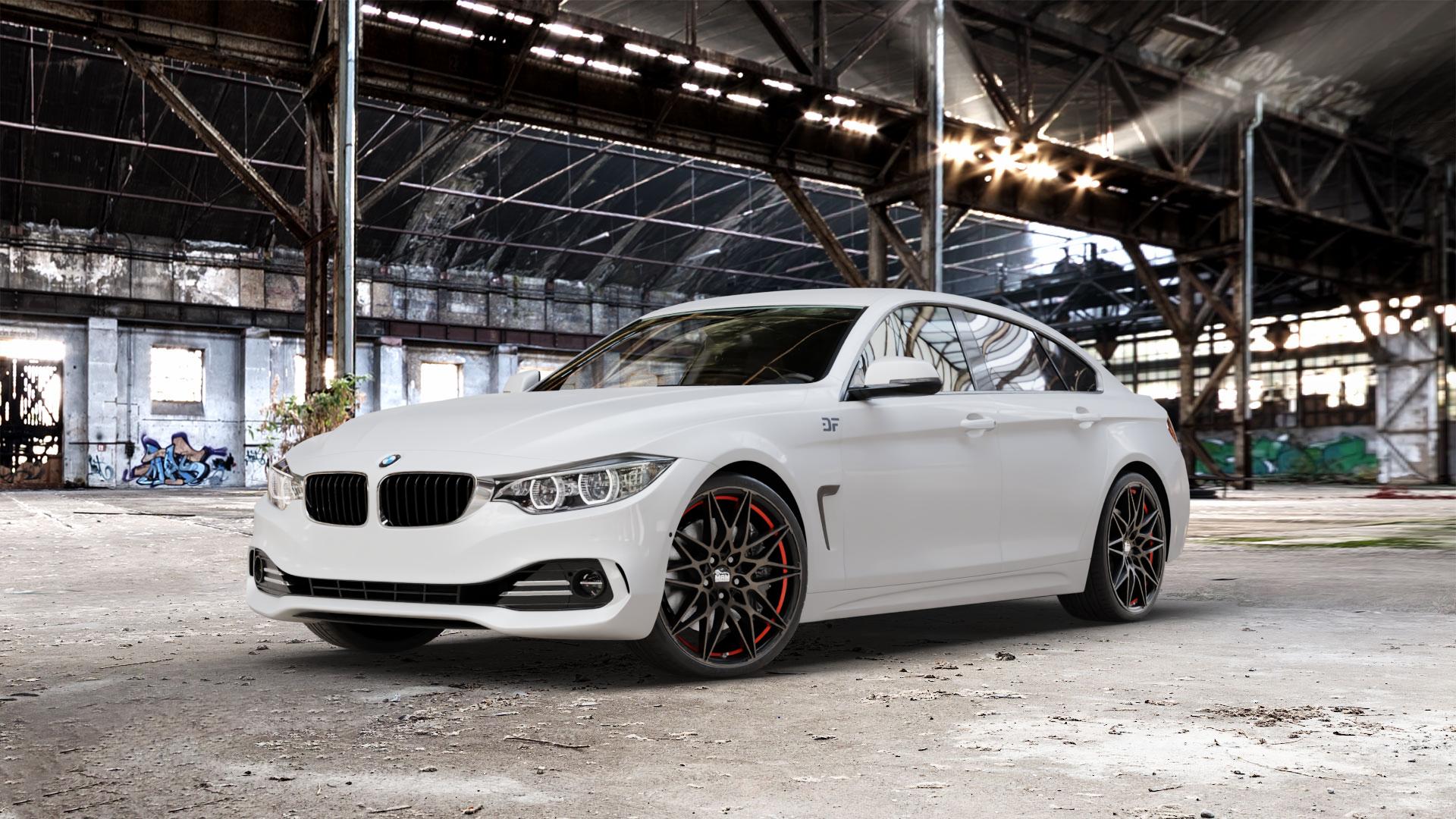 MAM B2 BRONZE RED INSIDE Felge mit Reifen rot in 20Zoll Winterfelge Alufelge auf weissem BMW 418d Typ F36 (Gran Coupe) 420d xDrive 420i 428i 435i 430d 440i 418i 430i 425d 4er Gran Coupe (3C) ⬇️ mit 15mm Tieferlegung ⬇️ Old Industrial Hall_max_5300mm_2024 Frontansicht_1