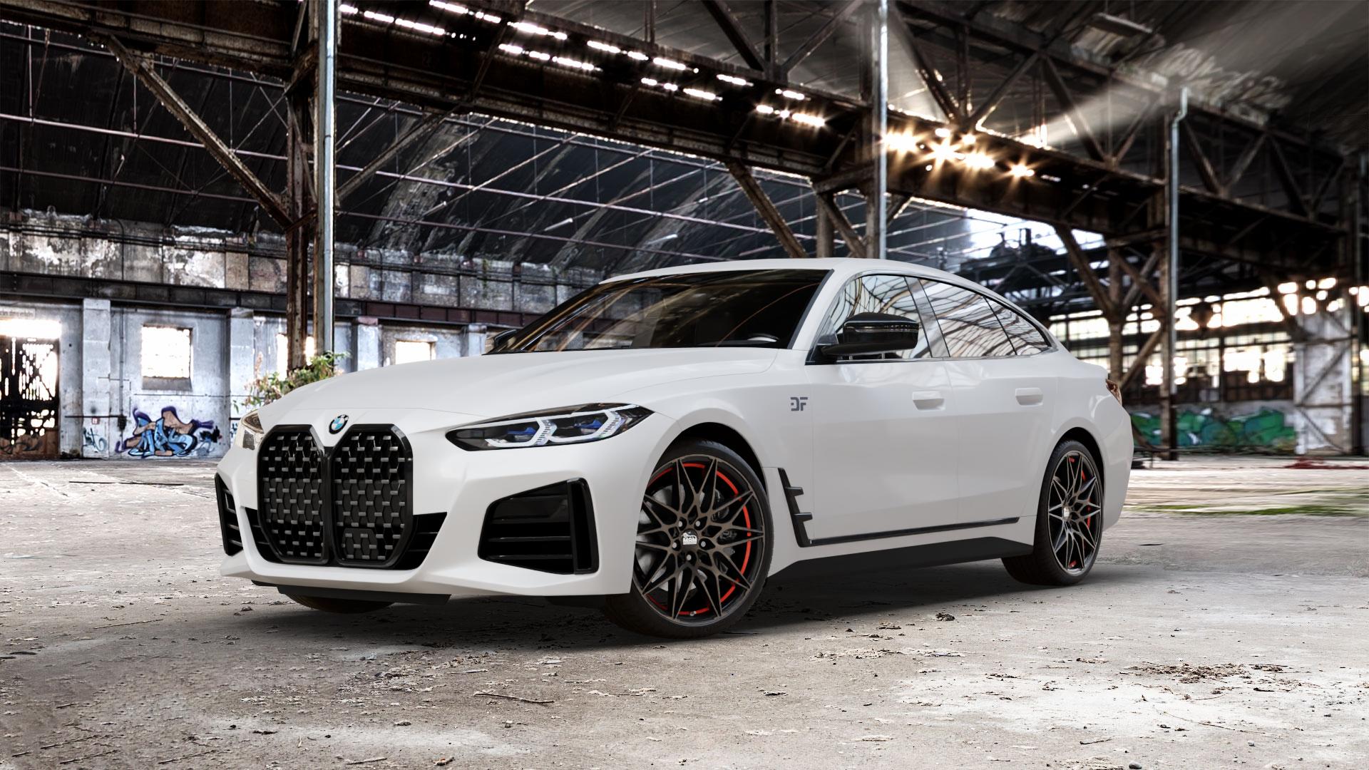 MAM B2 BRONZE RED INSIDE Felge mit Reifen rot in 20Zoll Winterfelge Alufelge auf weissem BMW 4er G26 Gran Coupe (G4C) ⬇️ mit 15mm Tieferlegung ⬇️ Old Industrial Hall_max_5300mm_2024 Frontansicht_1